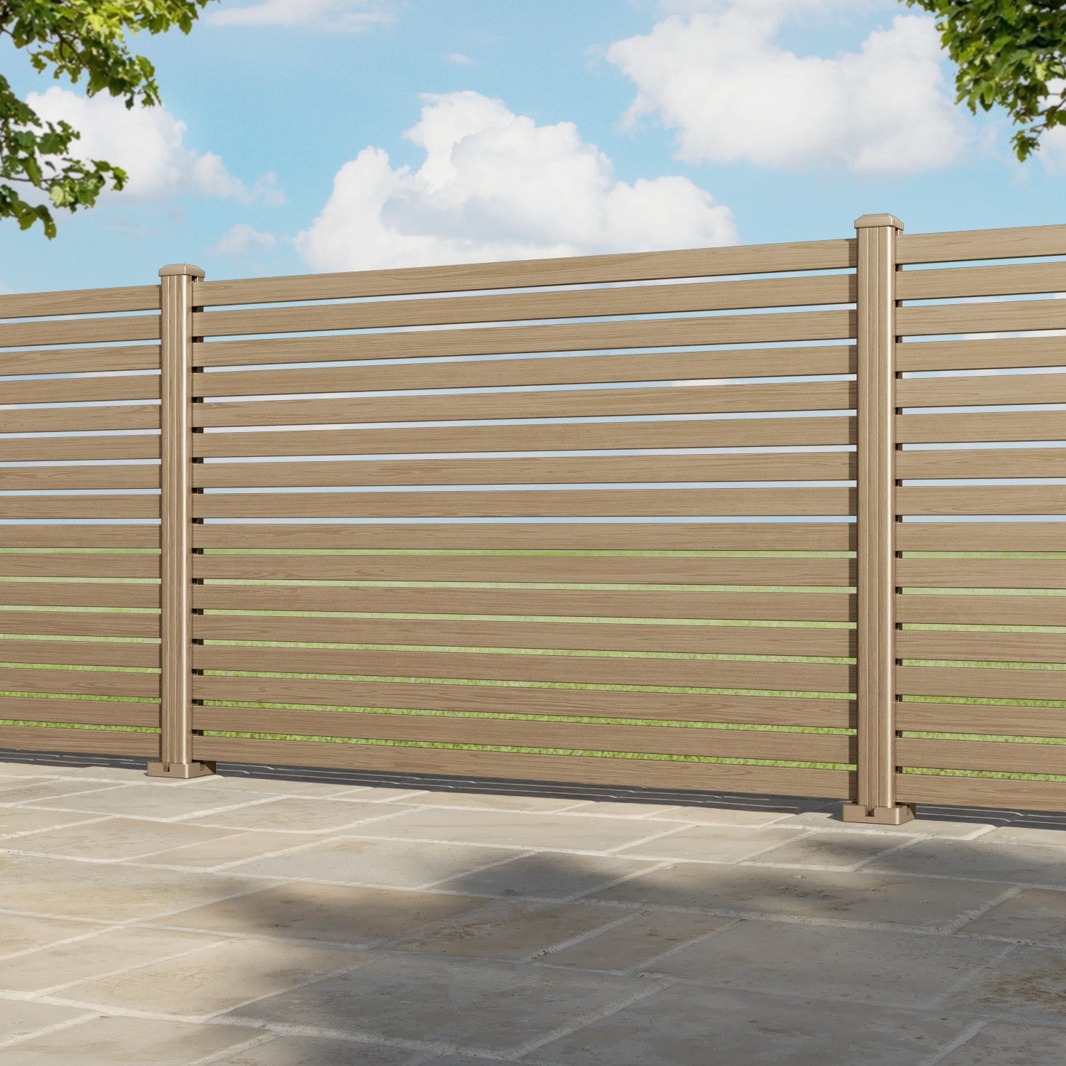 Aria Aluminium Fence Panel - Natural Oak - with our aluminium posts