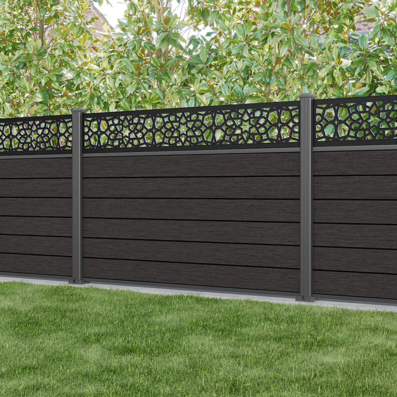 Fusion Nazira Fence Panel - Dark Oak - with our aluminium posts