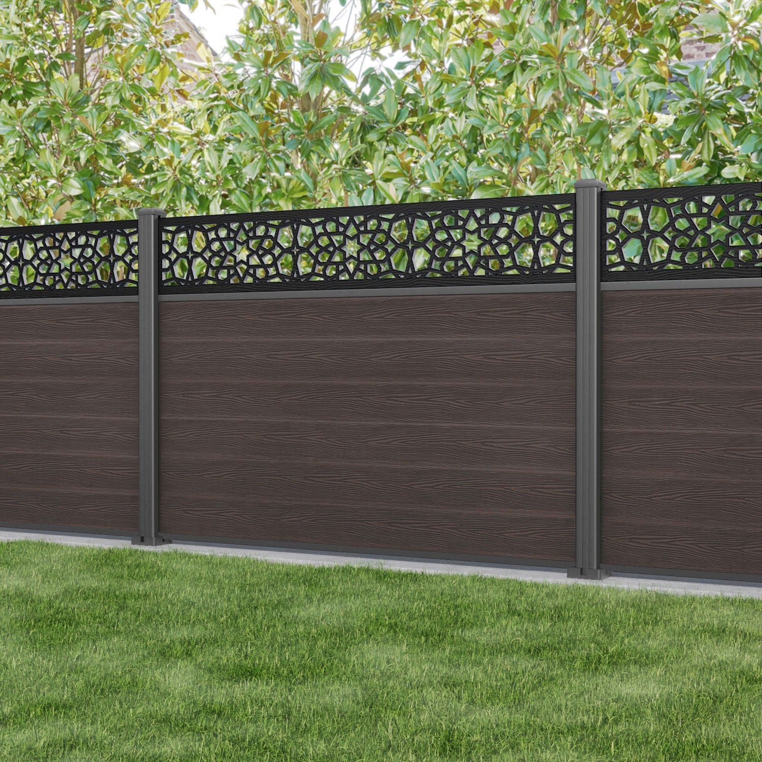 Classic Nazira Fence Panel - Mid Brown - with our aluminium posts