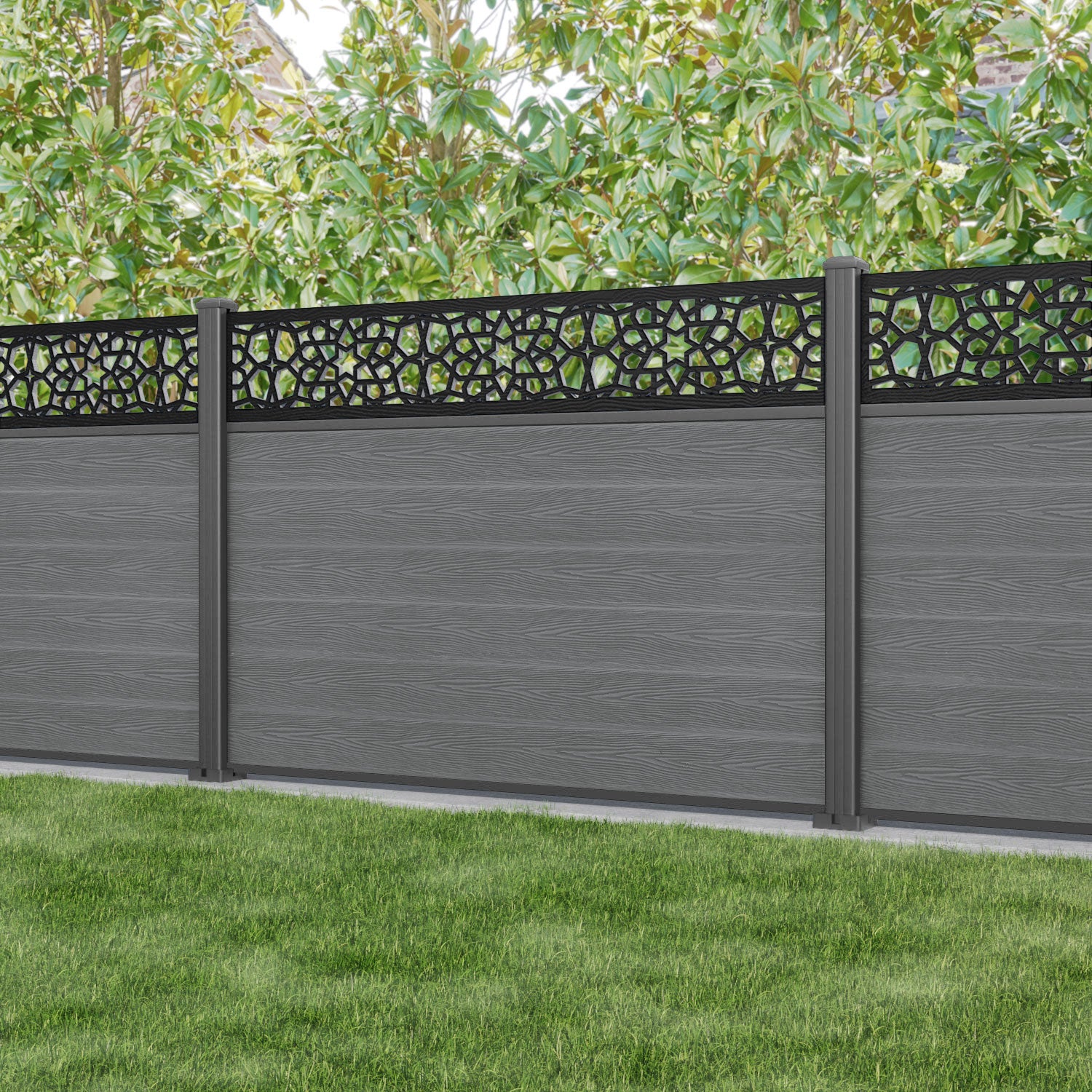 Classic Nazira Fence Panel - Mid Grey - with our aluminium posts