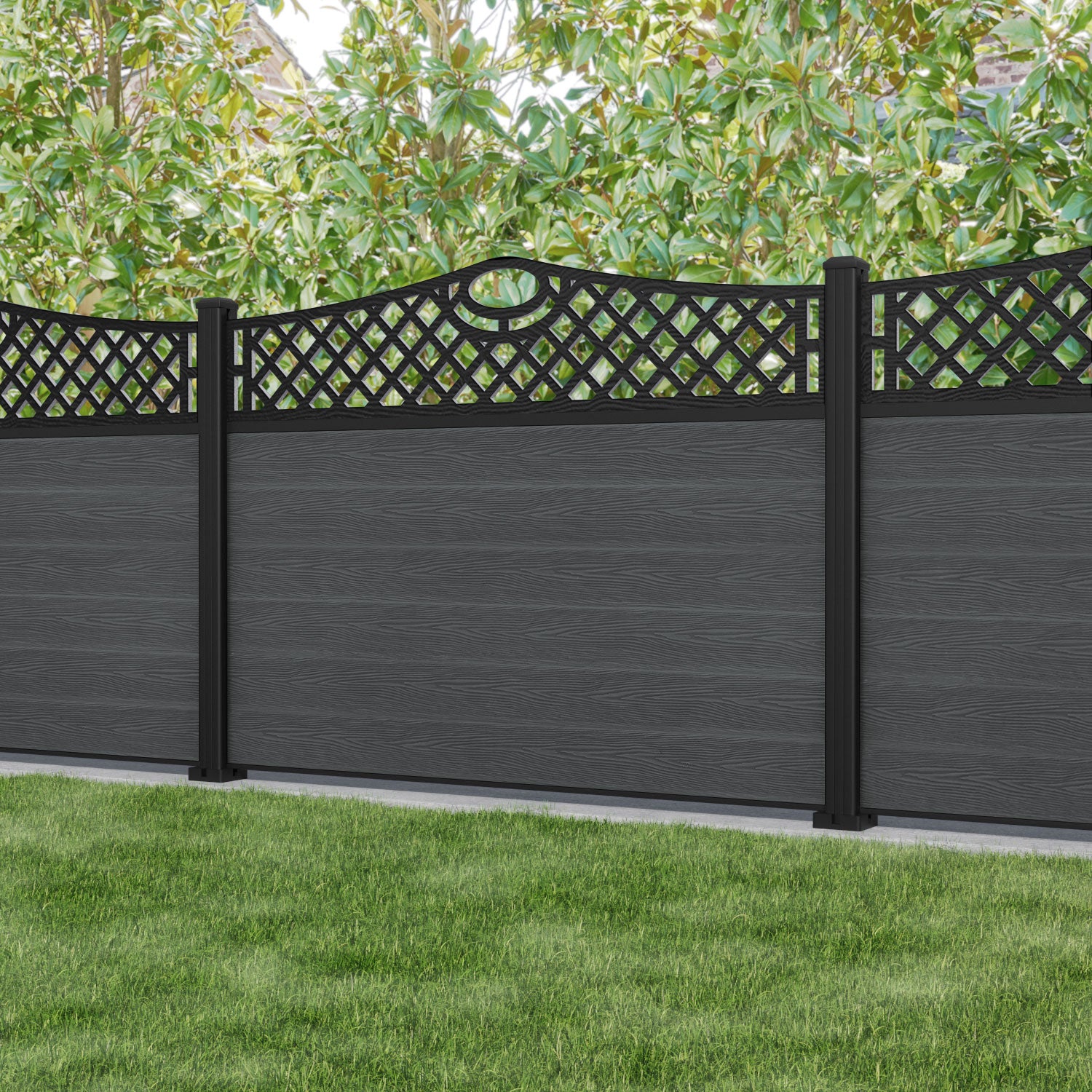Classic Oxford Curved Top Fence Panel - Dark Grey - with our aluminium posts