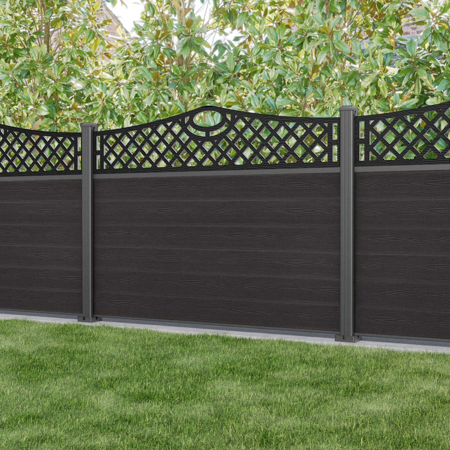 Classic Oxford Curved Top Fence Panel - Dark Oak - with our aluminium posts