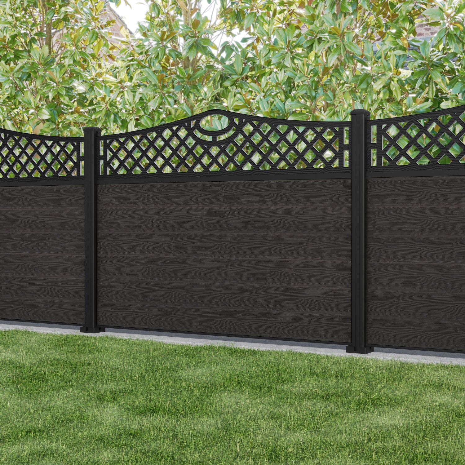 Classic Oxford Curved Top Fence Panel - Dark Oak - with our aluminium posts