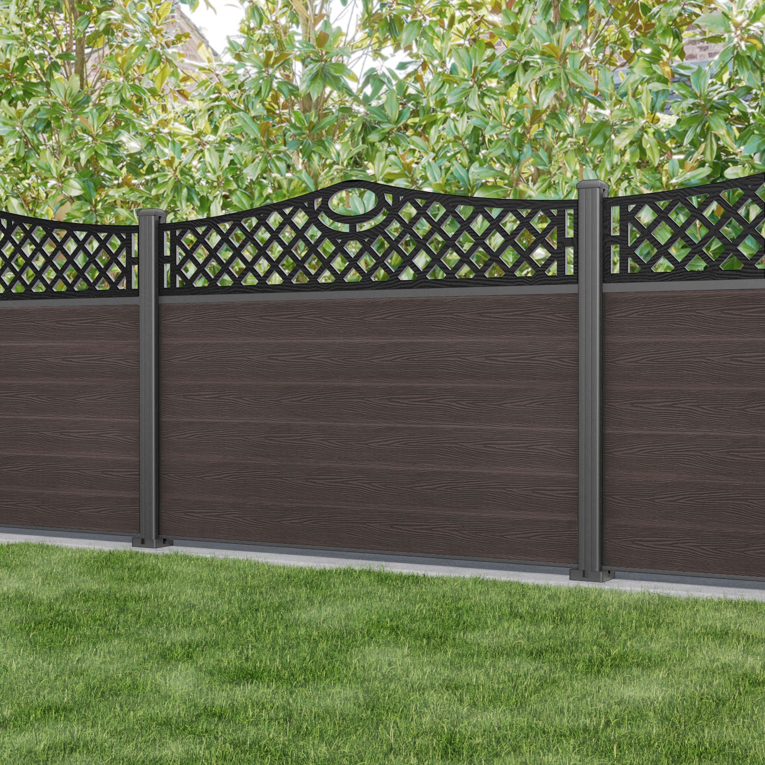 Classic Oxford Curved Top Fence Panel - Mid Brown - with our aluminium posts