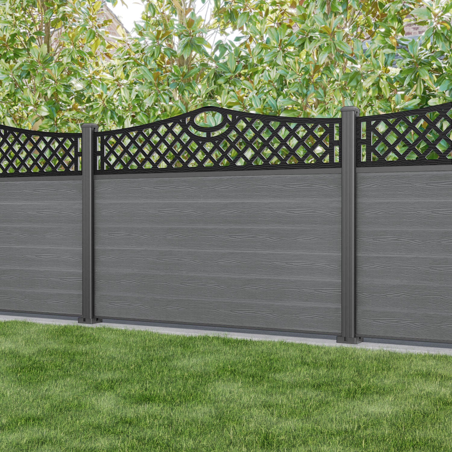 Classic Oxford Curved Top Fence Panel - Mid Grey - with our aluminium posts