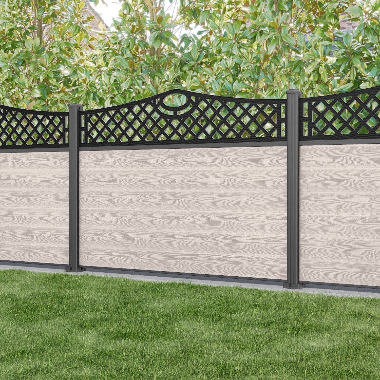 Classic Oxford Curved Top Fence Panel - Mid Stone - with our aluminium posts