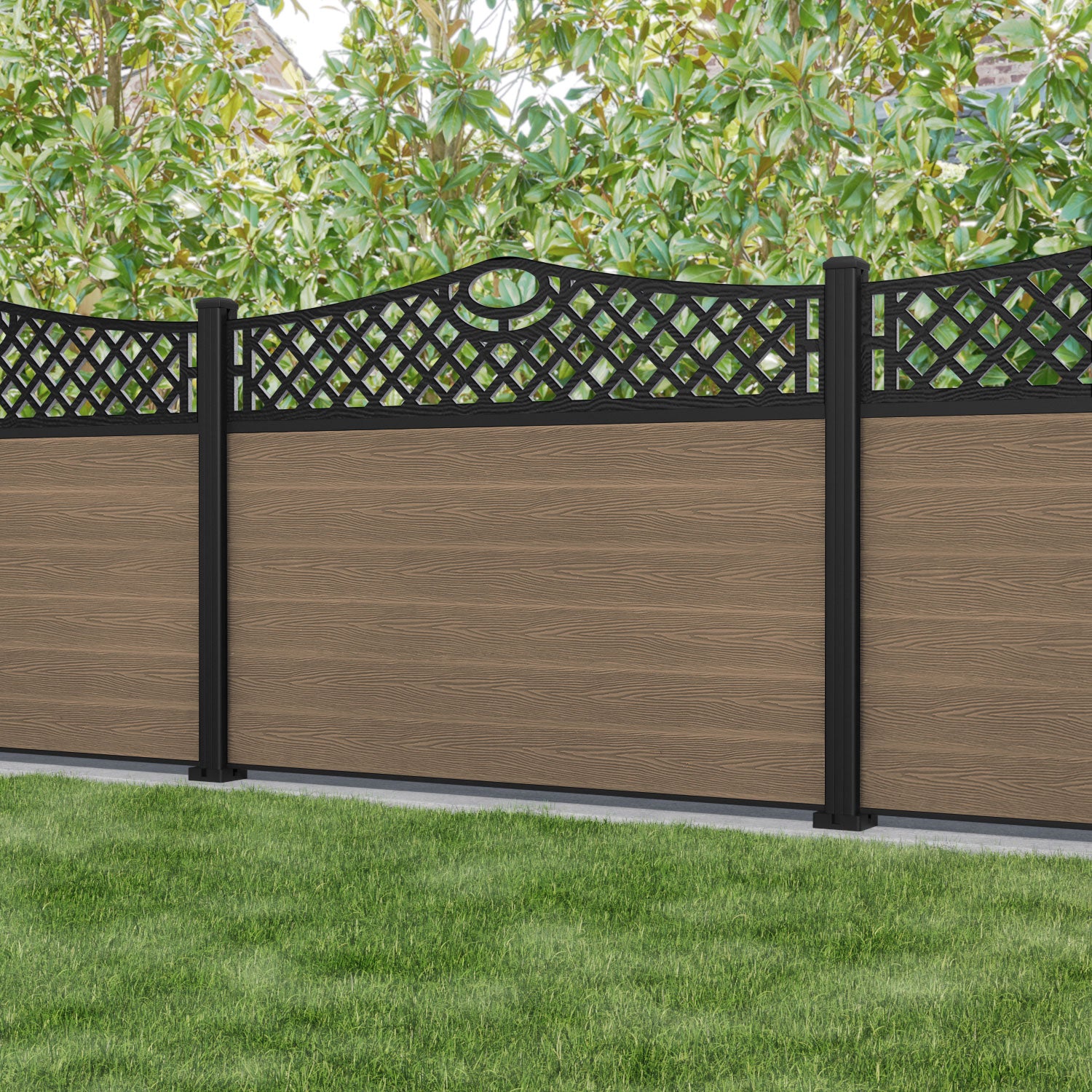 Classic Oxford Curved Top Fence Panel - Teak - with our aluminium posts