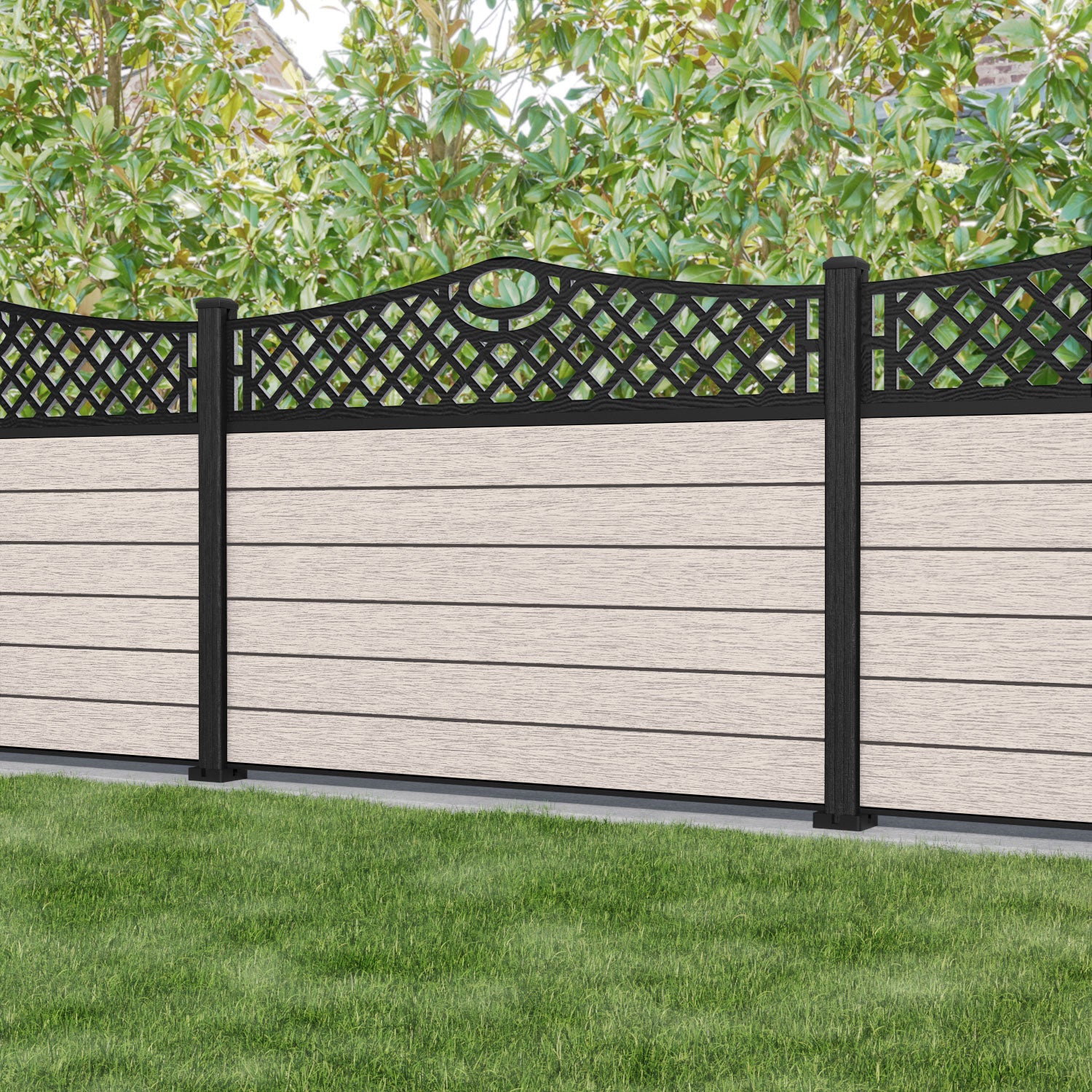 Fusion Oxford Curved Top Fence Panel - Mid Stone - with our composite posts