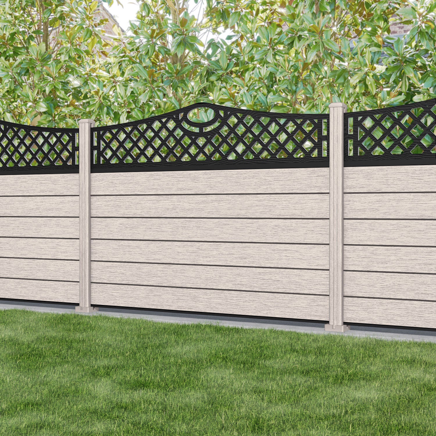 Fusion Oxford Curved Top Fence Panel - Mid Stone - with our composite posts