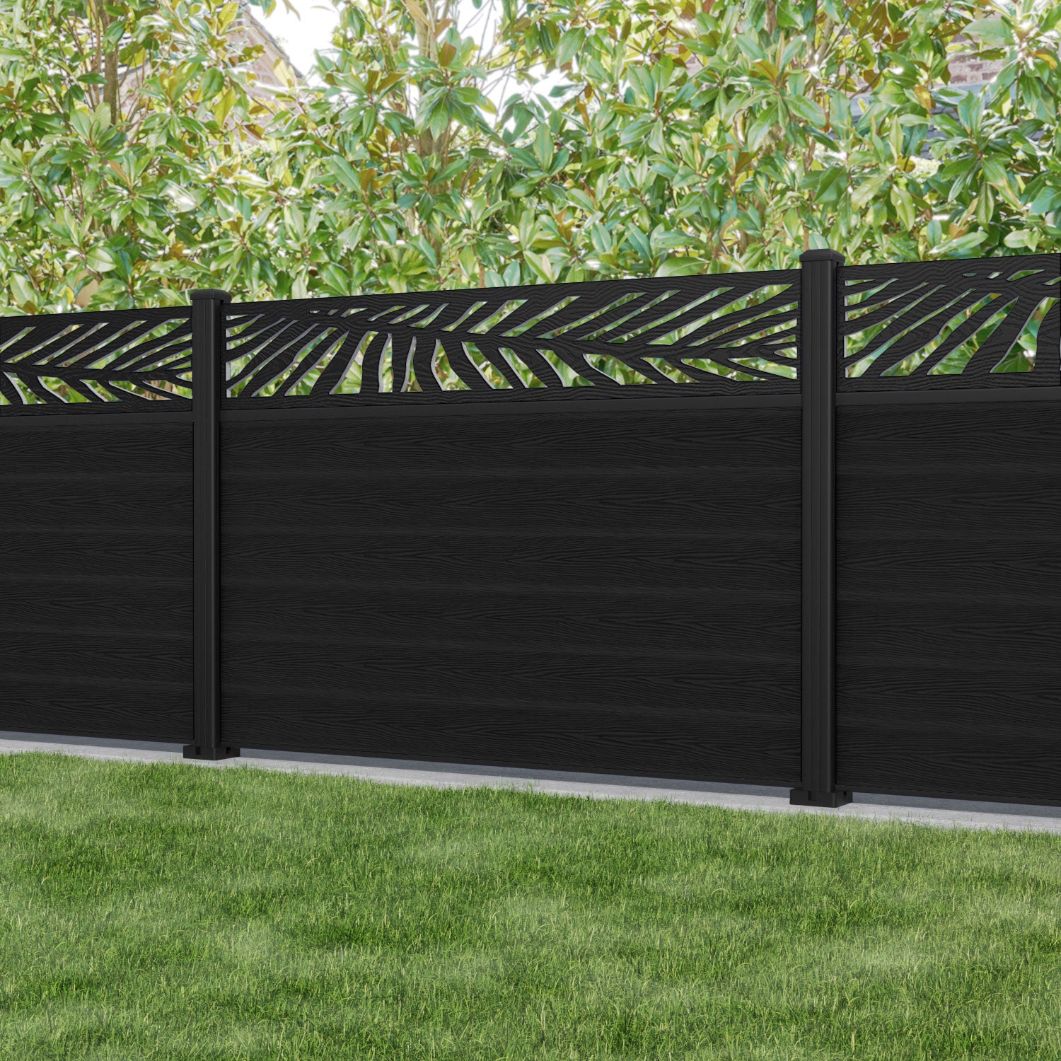 Classic Palm Fence Panel - Black - with our aluminium posts