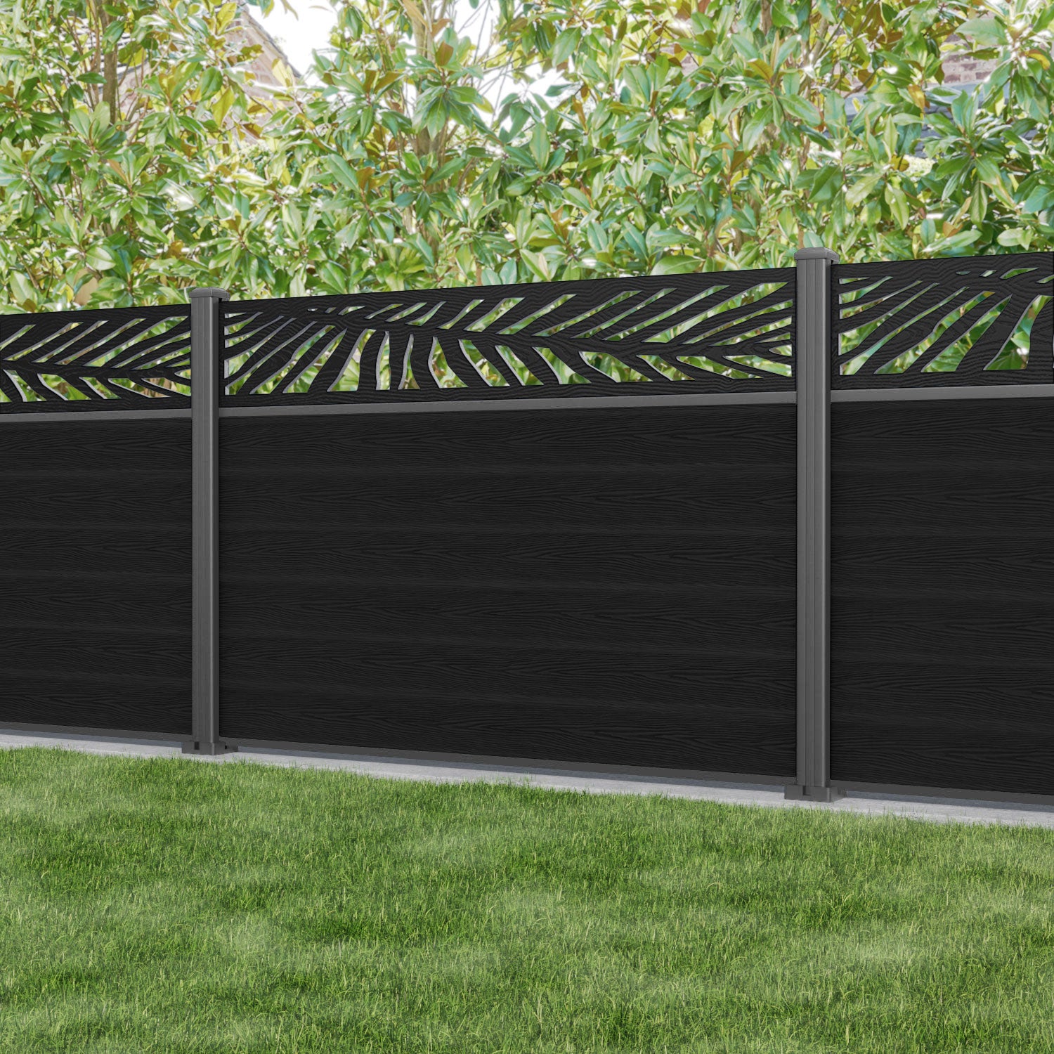 Classic Palm Fence Panel - Black - with our aluminium posts