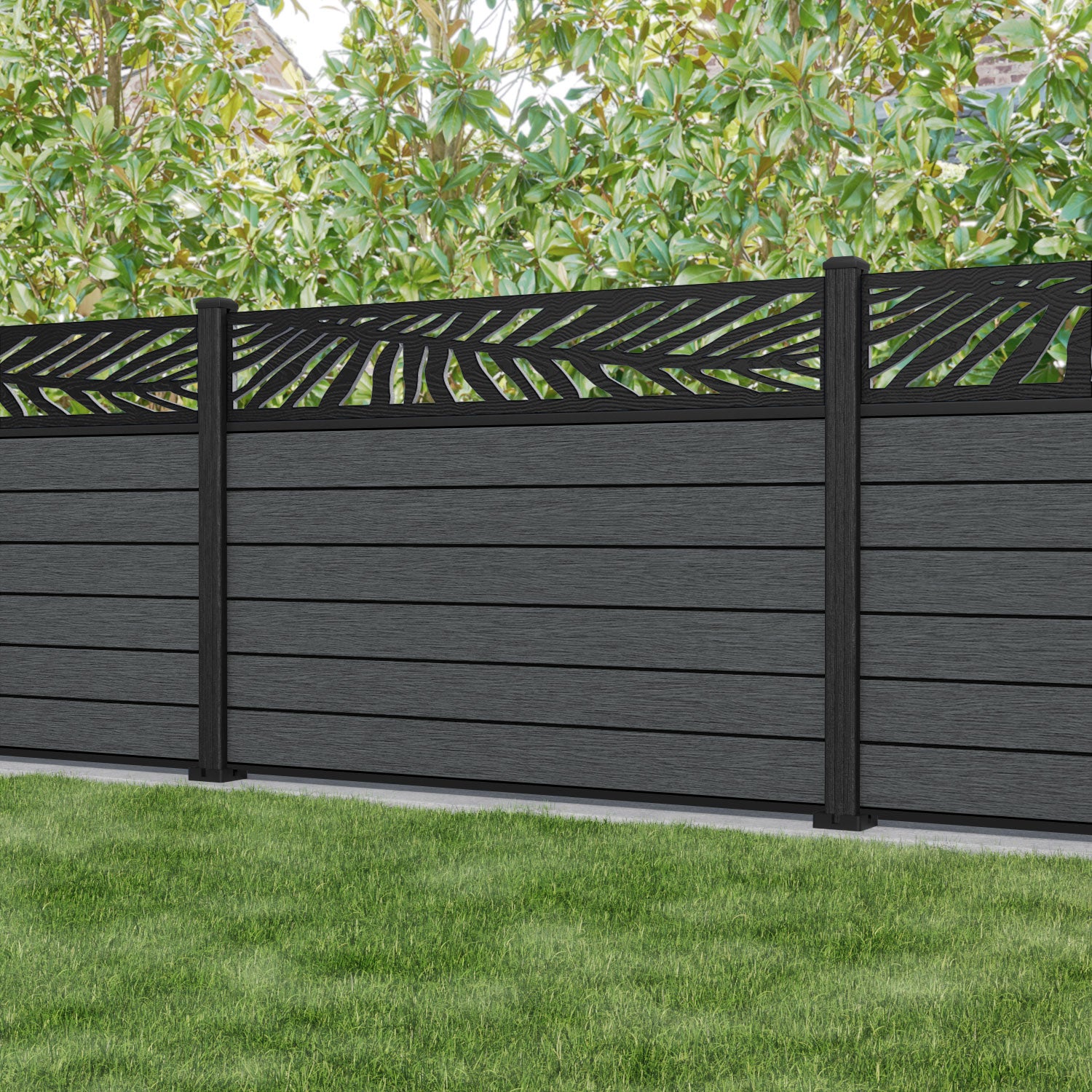 Fusion Palm Fence Panel - Dark Grey - with our composite posts