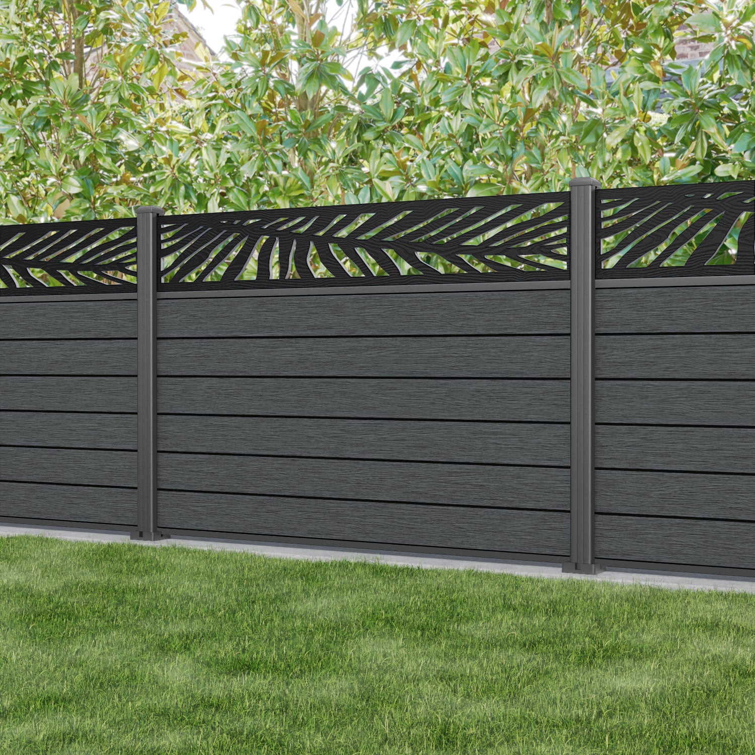 Fusion Palm Fence Panel - Dark Grey - with our aluminium posts