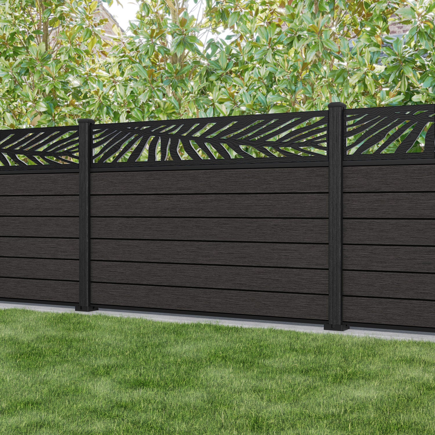 Fusion Palm Fence Panel - Dark Oak - with our composite posts