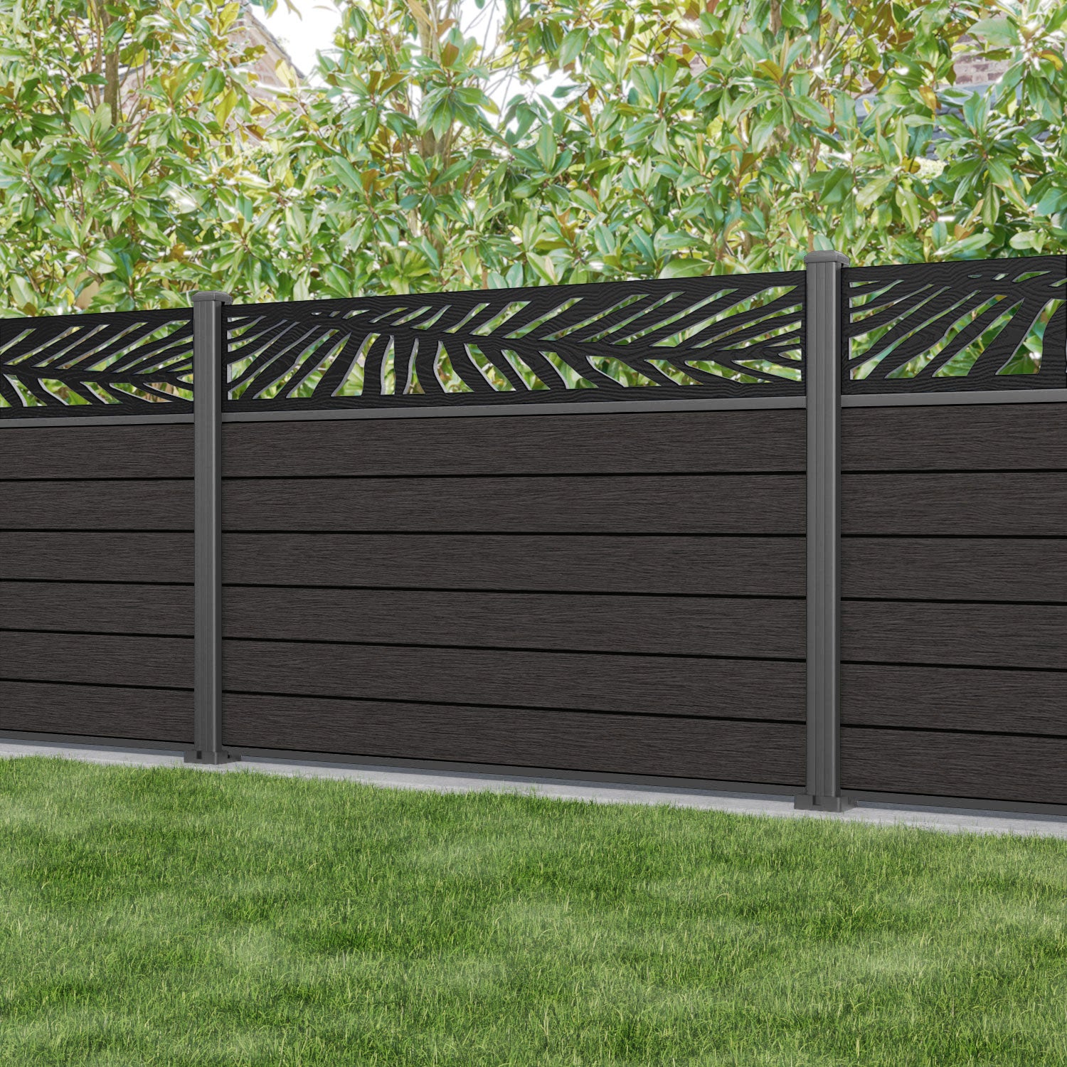 Fusion Palm Fence Panel - Dark Oak - with our aluminium posts