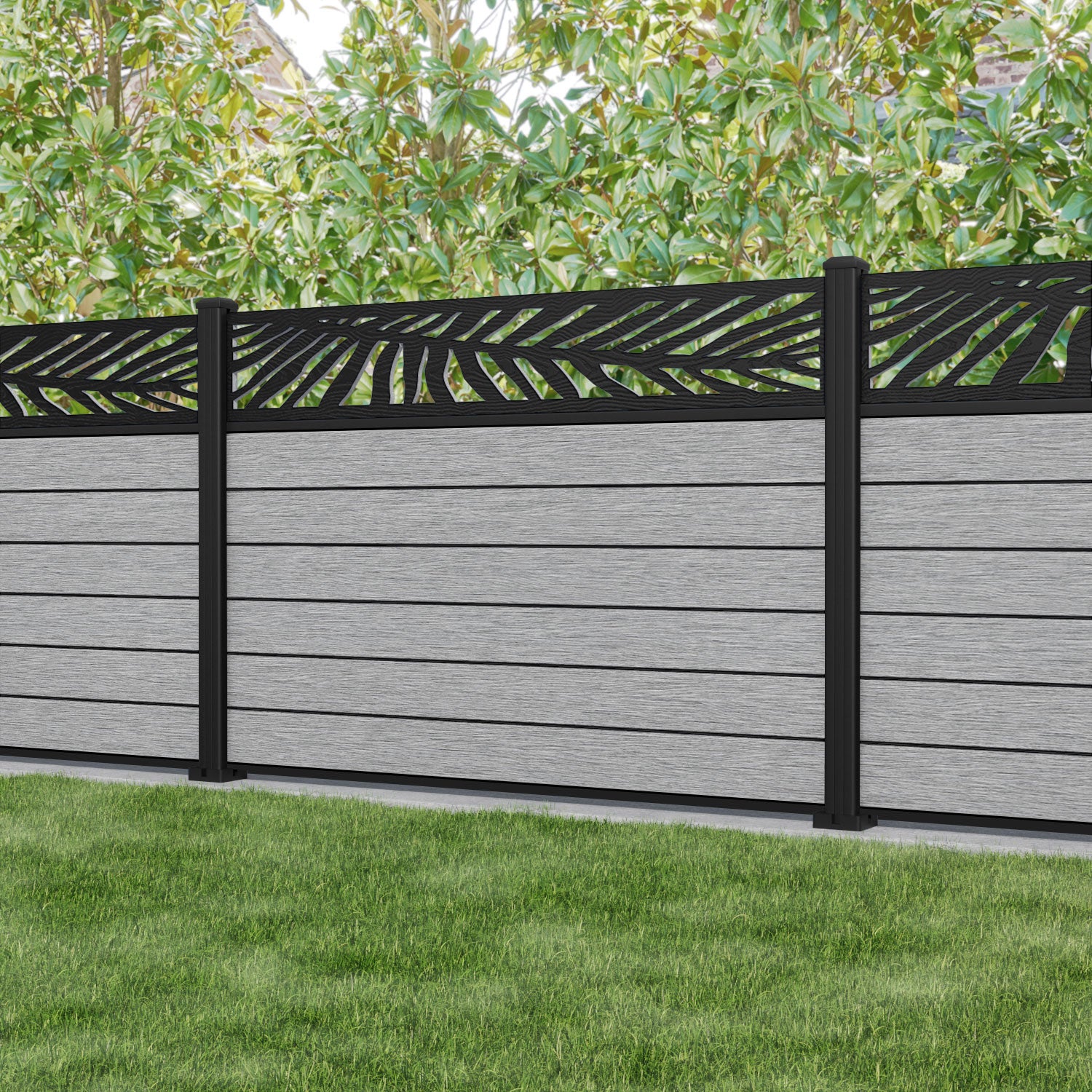 Fusion Palm Fence Panel - Light Grey - with our aluminium posts