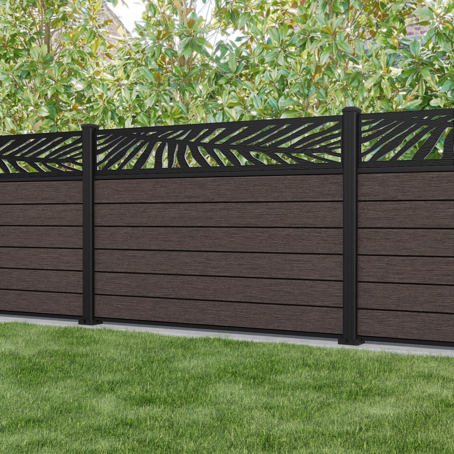 Fusion Palm Fence Panel - Mid Brown - with our aluminium posts