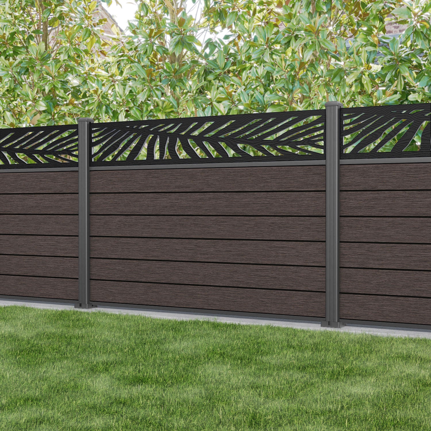 Fusion Palm Fence Panel - Mid Brown - with our aluminium posts