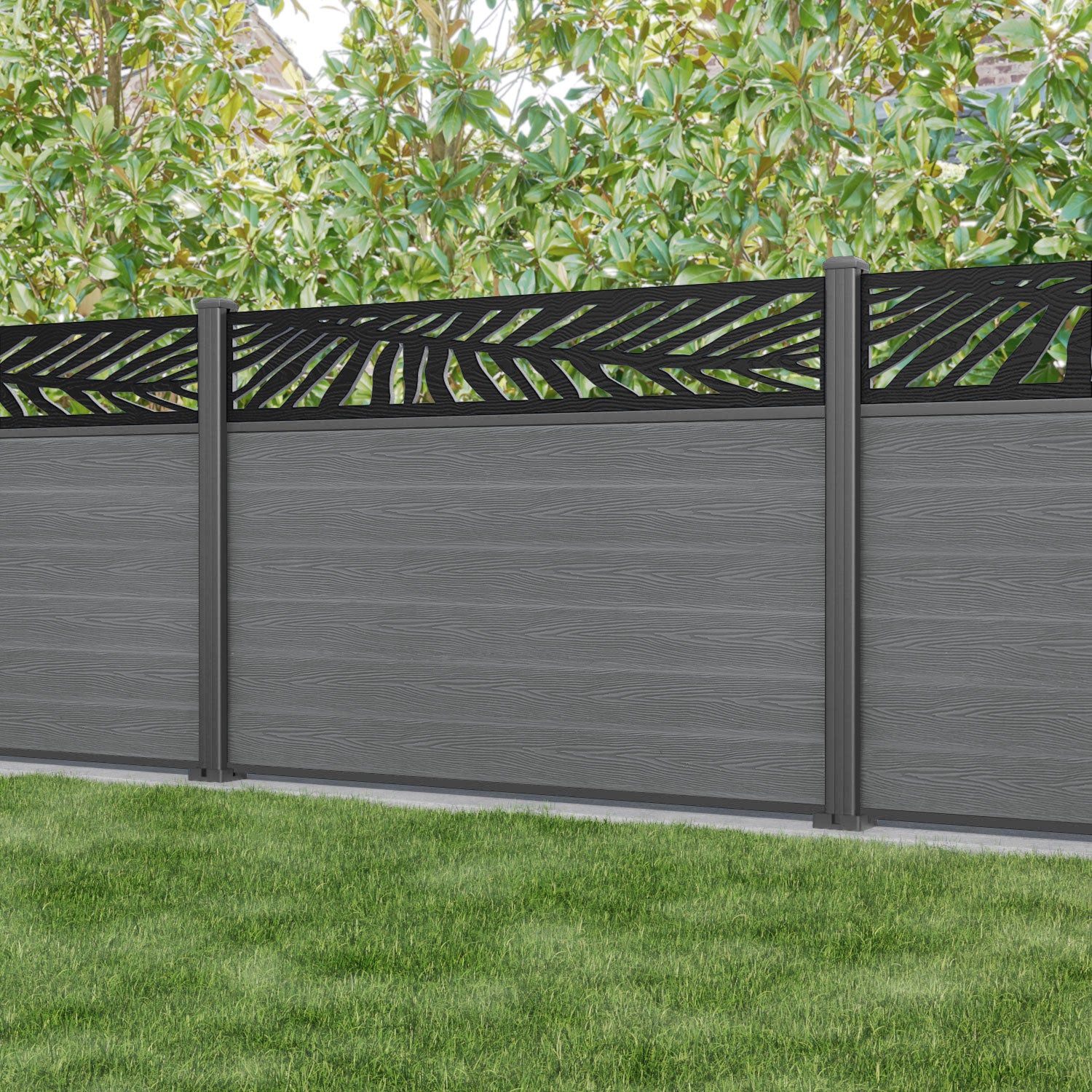Classic Palm Fence Panel - Mid Grey - with our aluminium posts