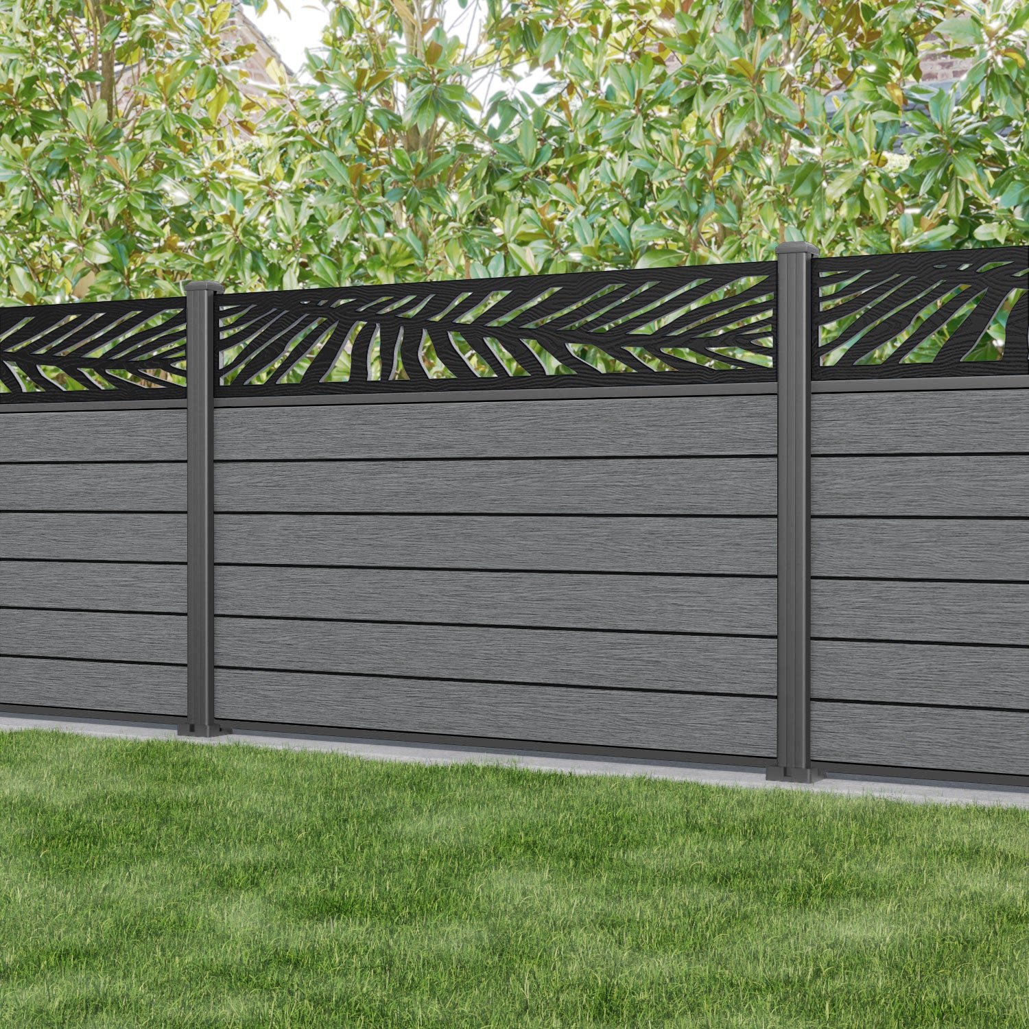 Fusion Palm Fence Panel - Mid Grey - with our aluminium posts