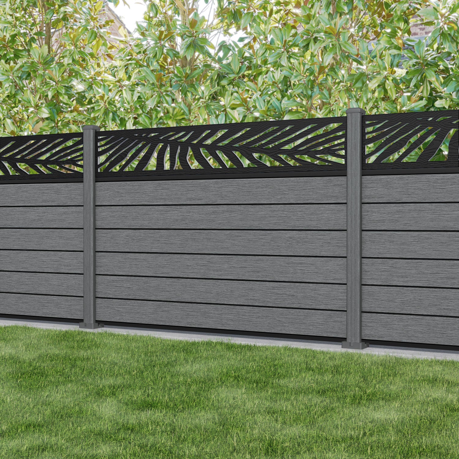 Fusion Palm Fence Panel - Mid Grey - with our composite posts