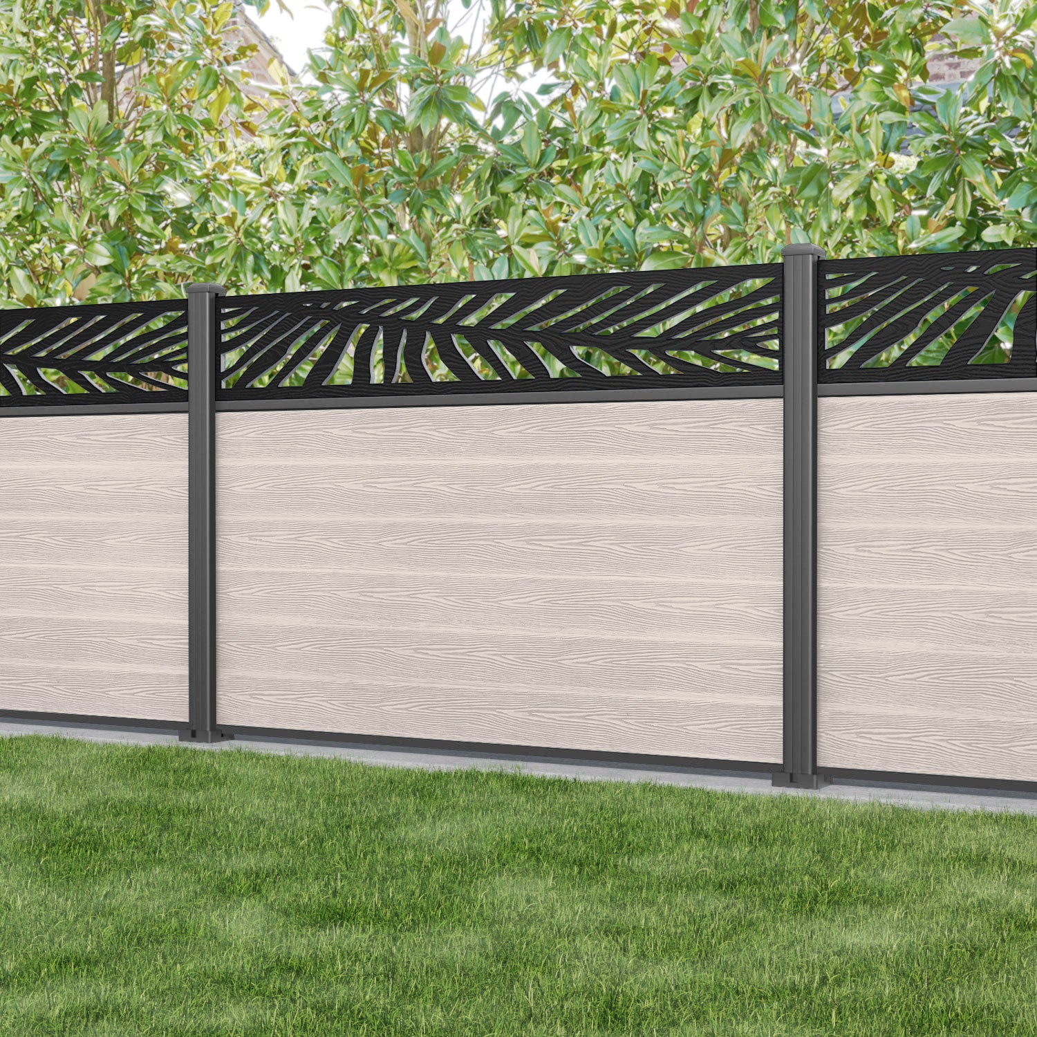 Classic Palm Fence Panel - Mid Stone - with our aluminium posts