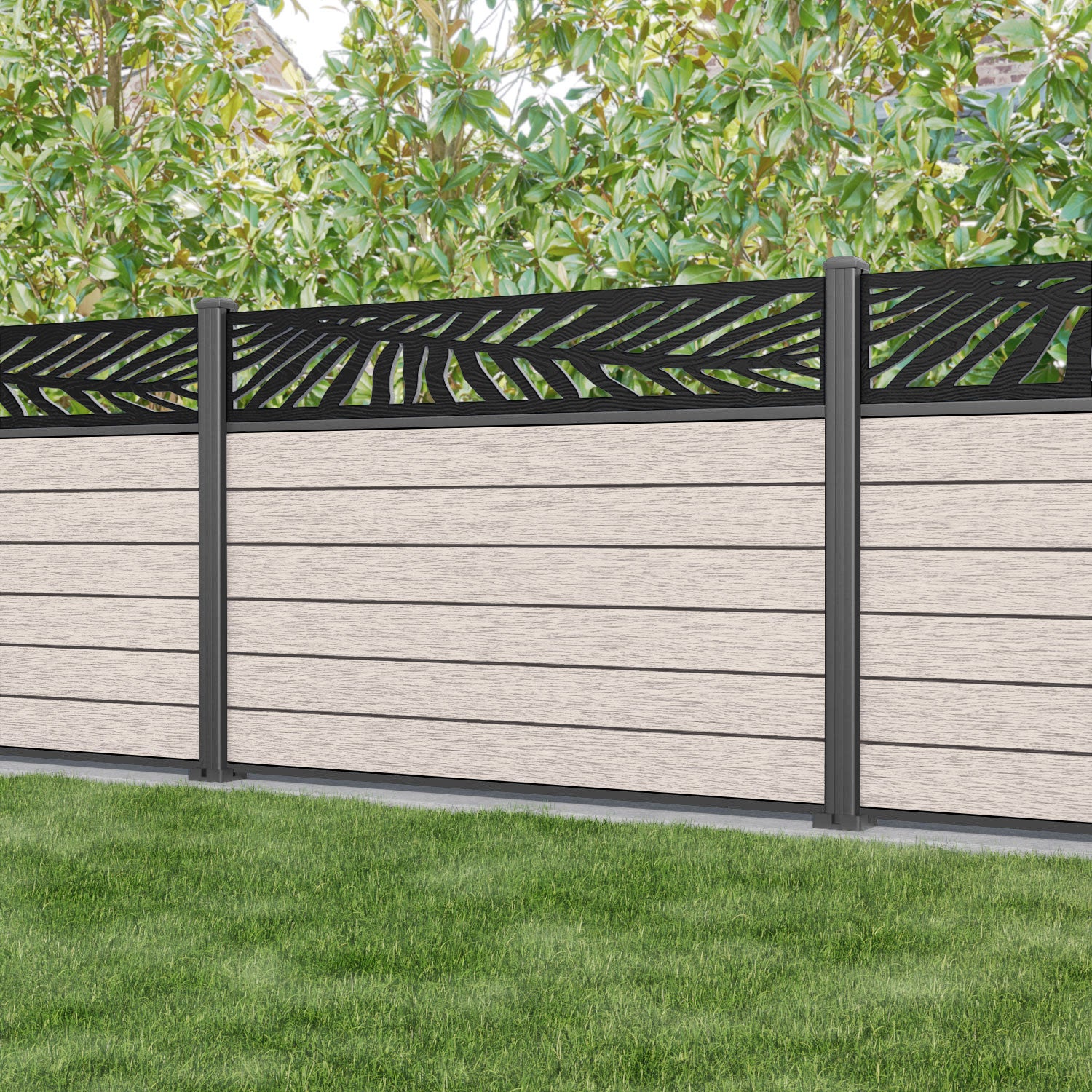 Fusion Palm Fence Panel - Mid Stone - with our aluminium posts