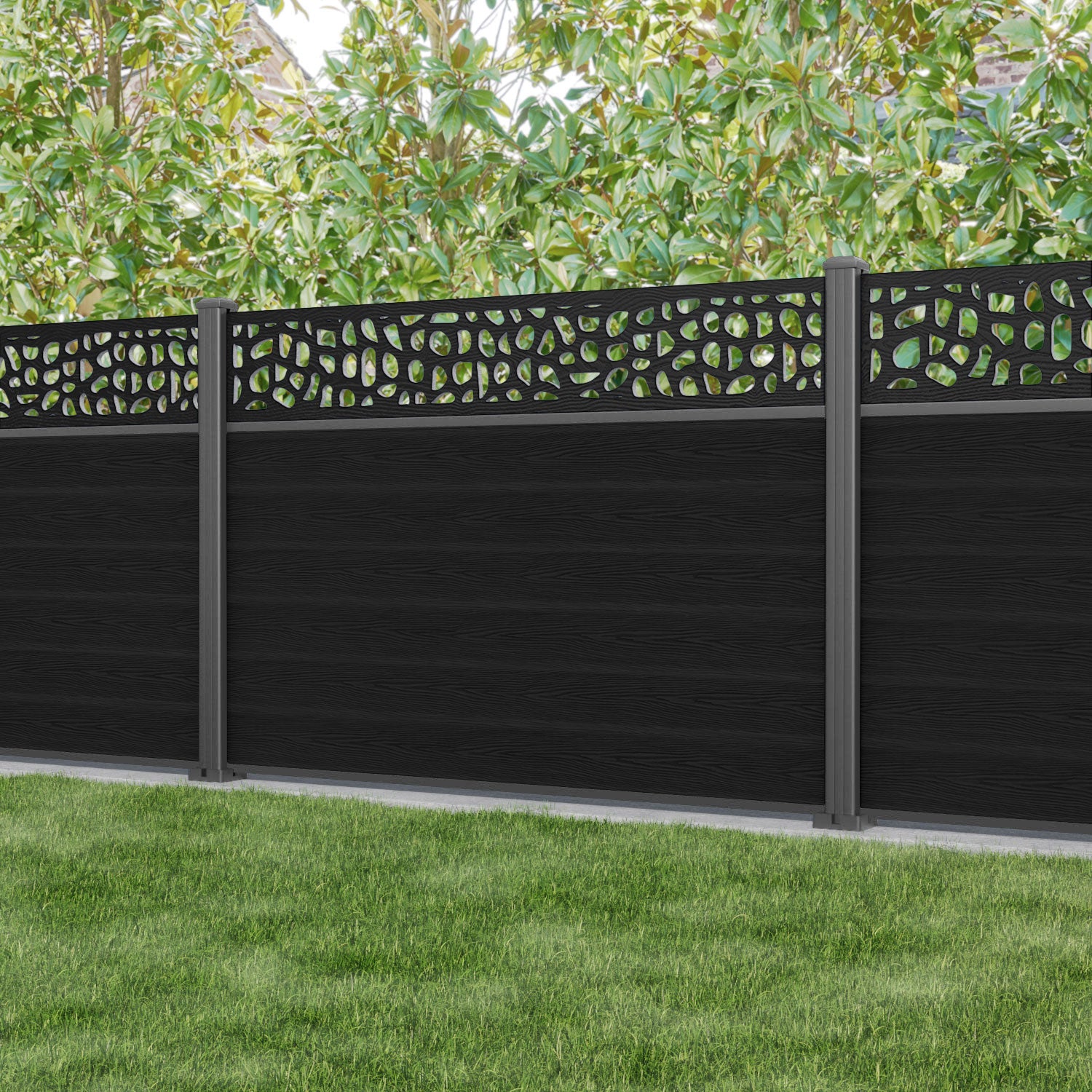 Classic Pebble Fence Panel - Black - with our aluminium posts