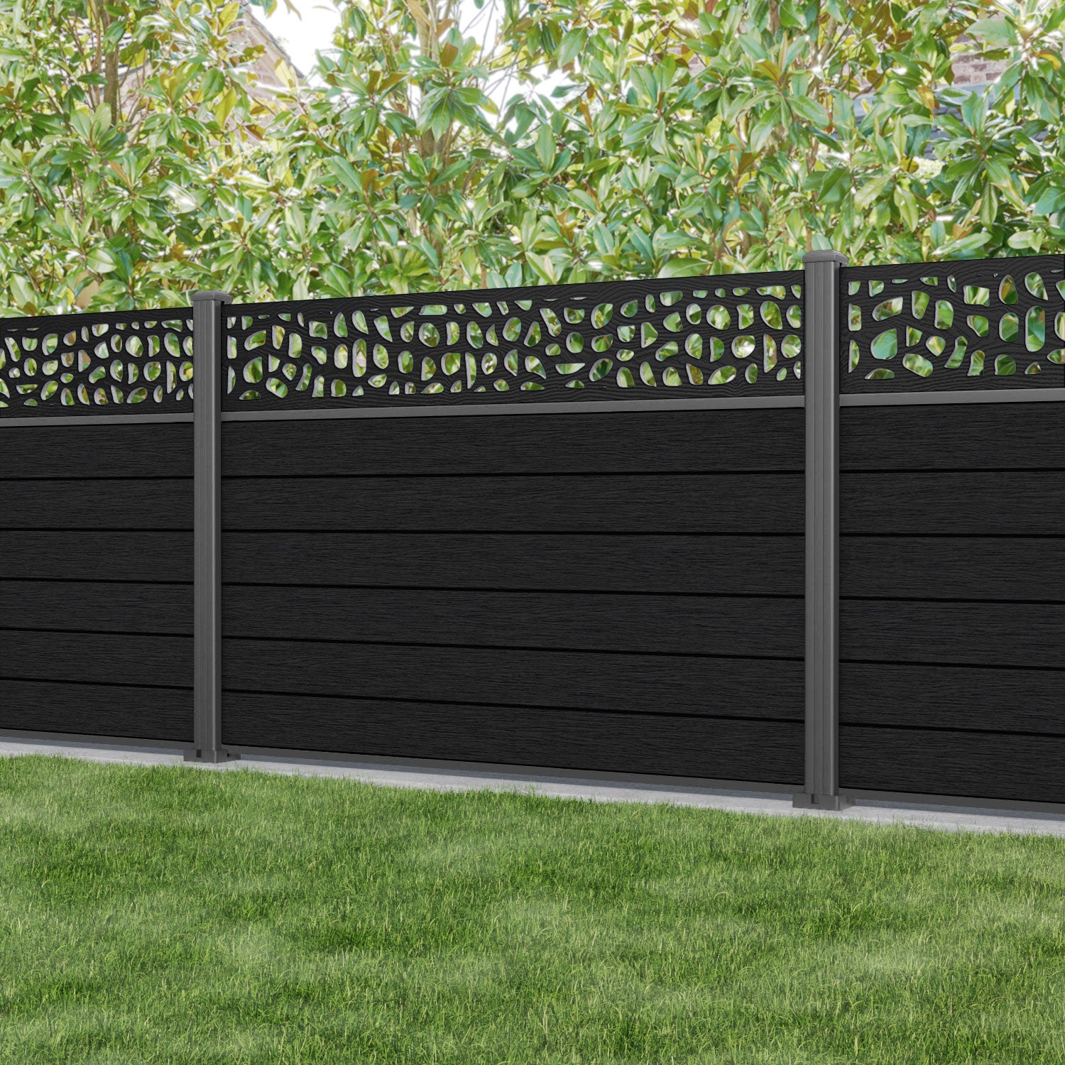 Fusion Pebble Fence Panel - Black - with our aluminium posts
