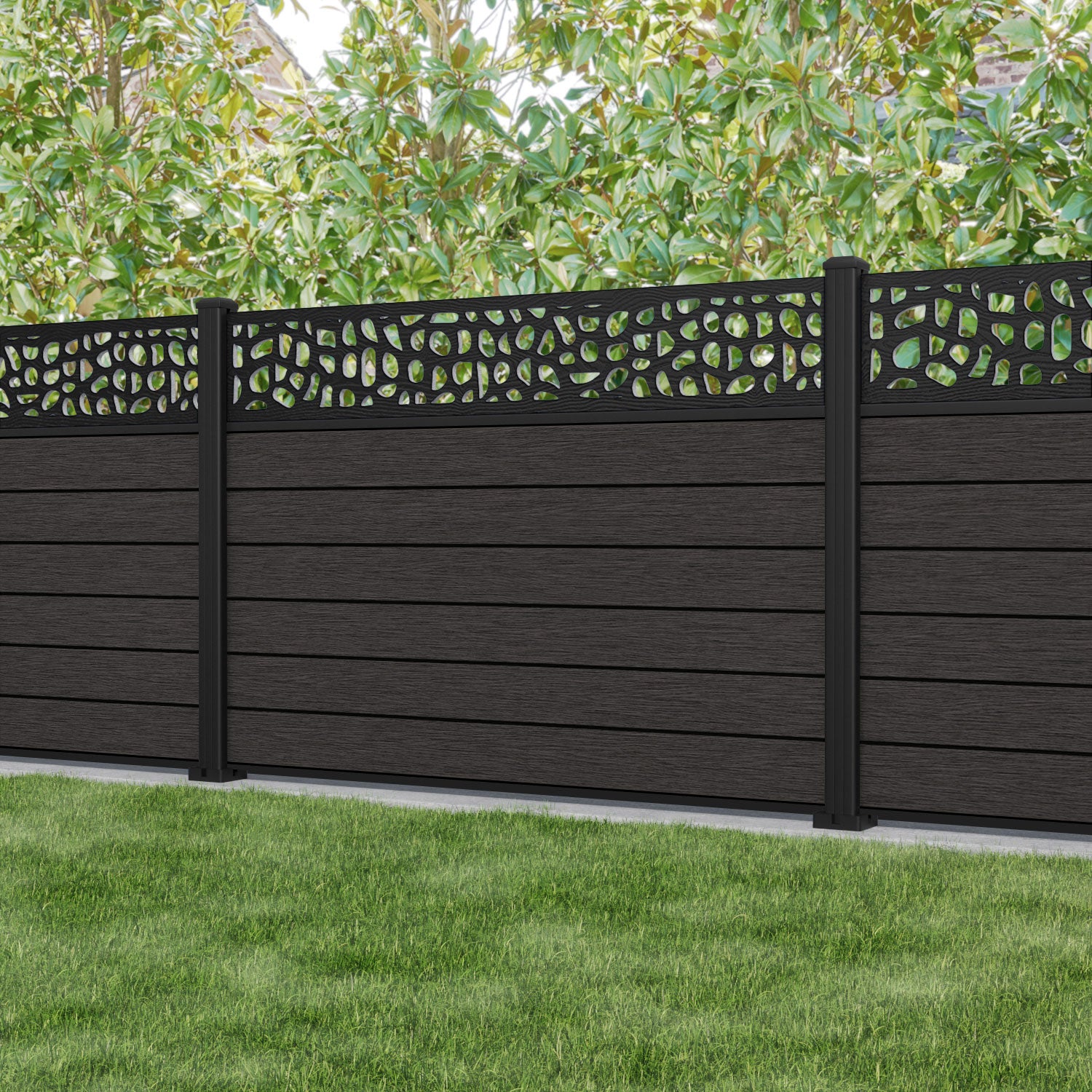Fusion Pebble Fence Panel - Dark Oak - with our aluminium posts