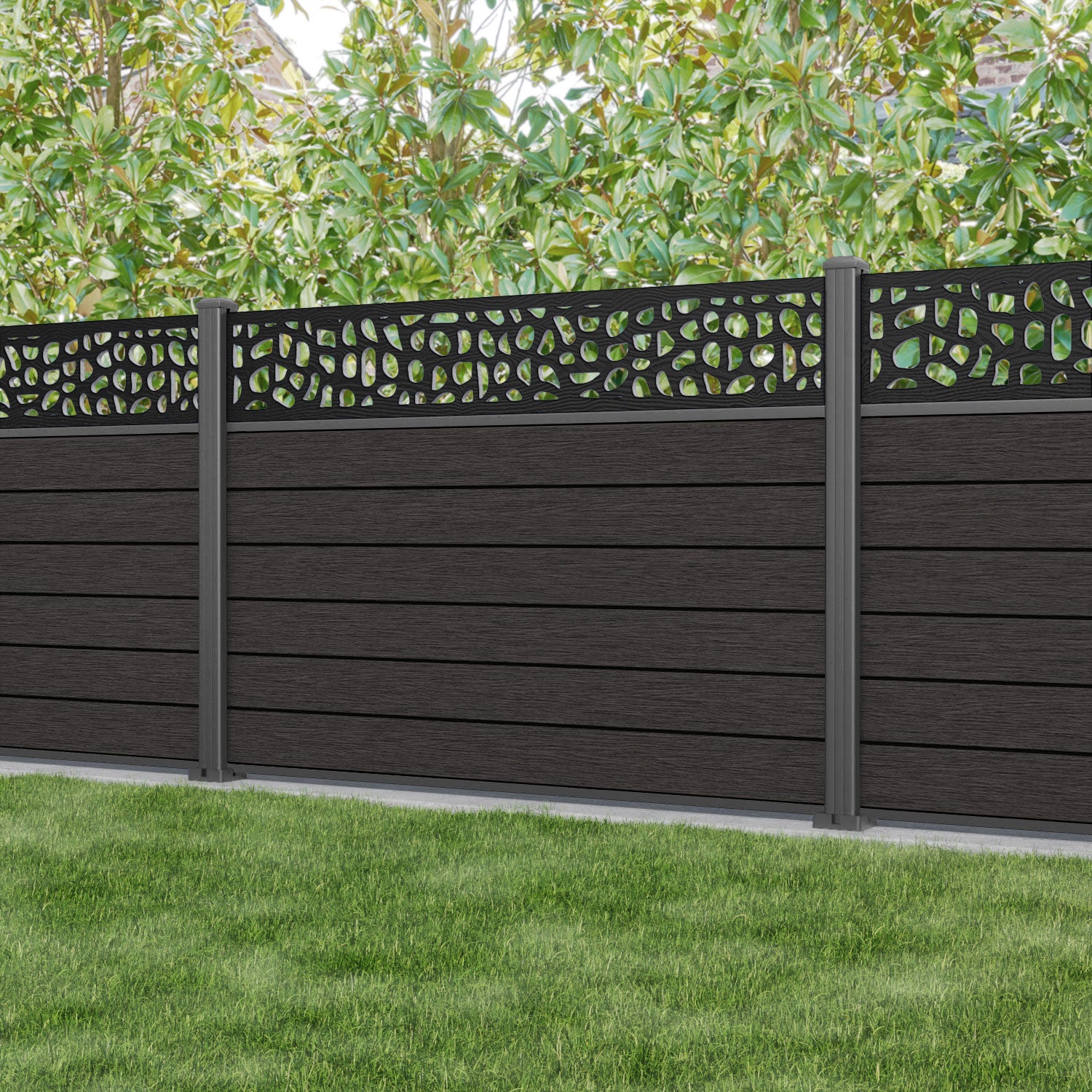 Fusion Pebble Fence Panel - Dark Oak - with our aluminium posts