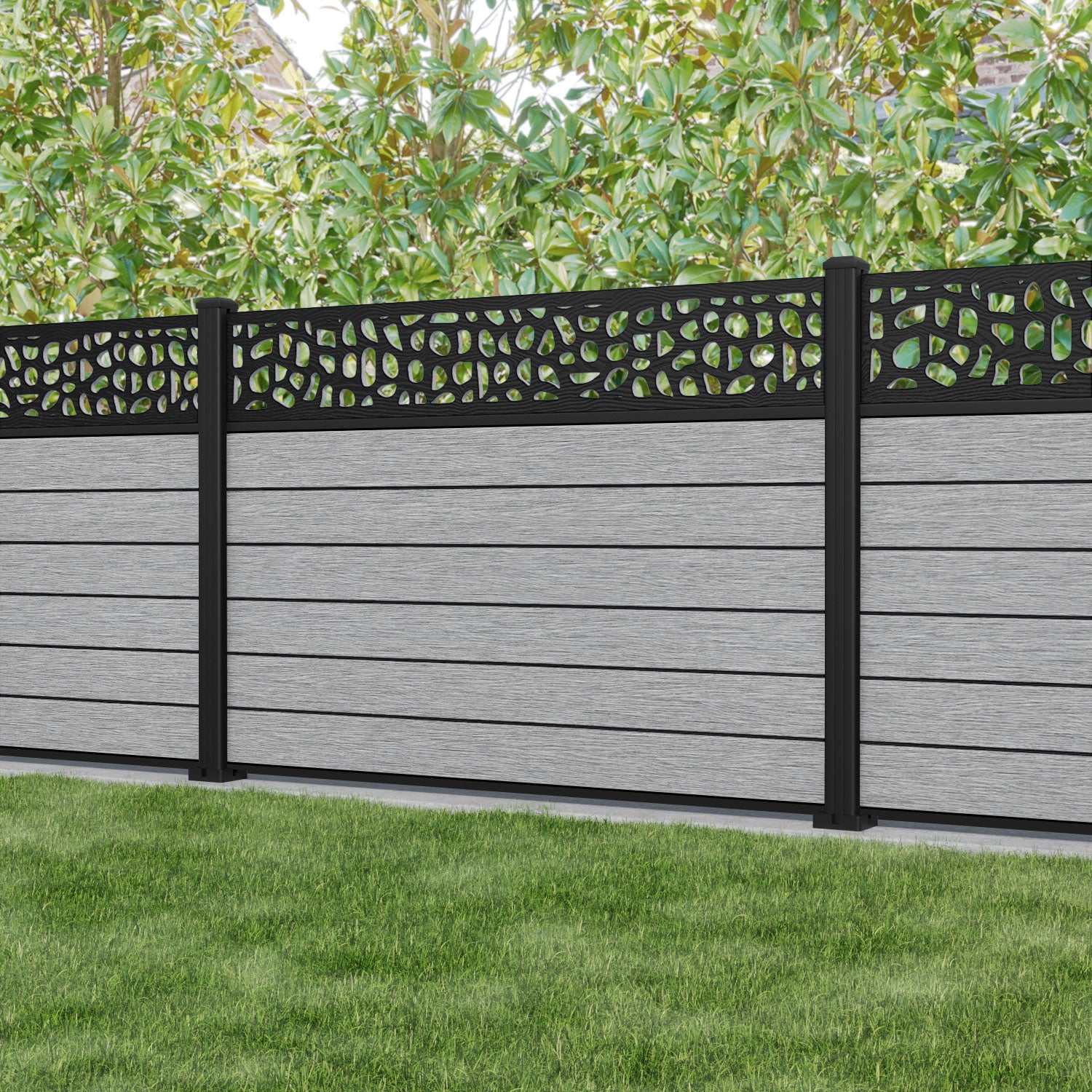 Fusion Pebble Fence Panel - Light Grey - with our aluminium posts