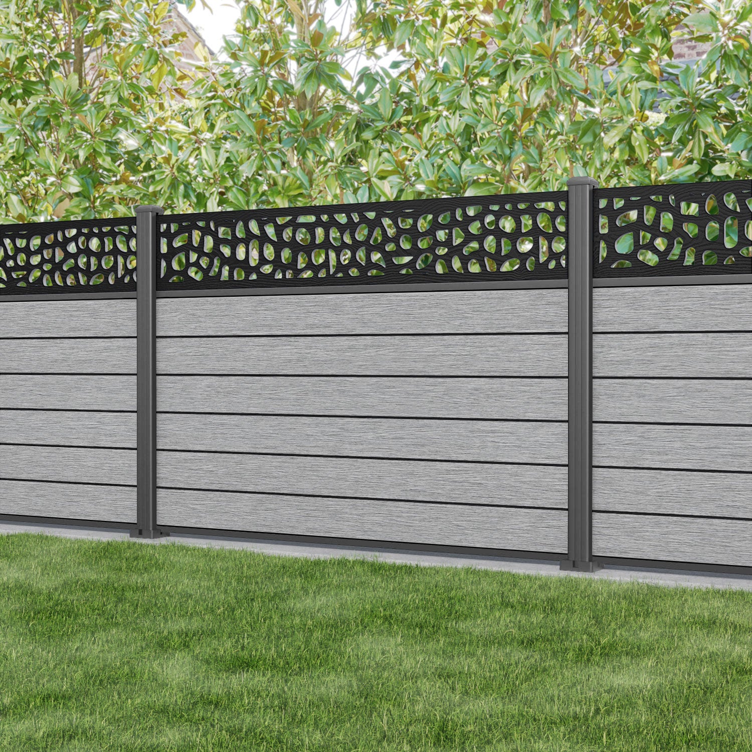 Fusion Pebble Fence Panel - Light Grey - with our aluminium posts