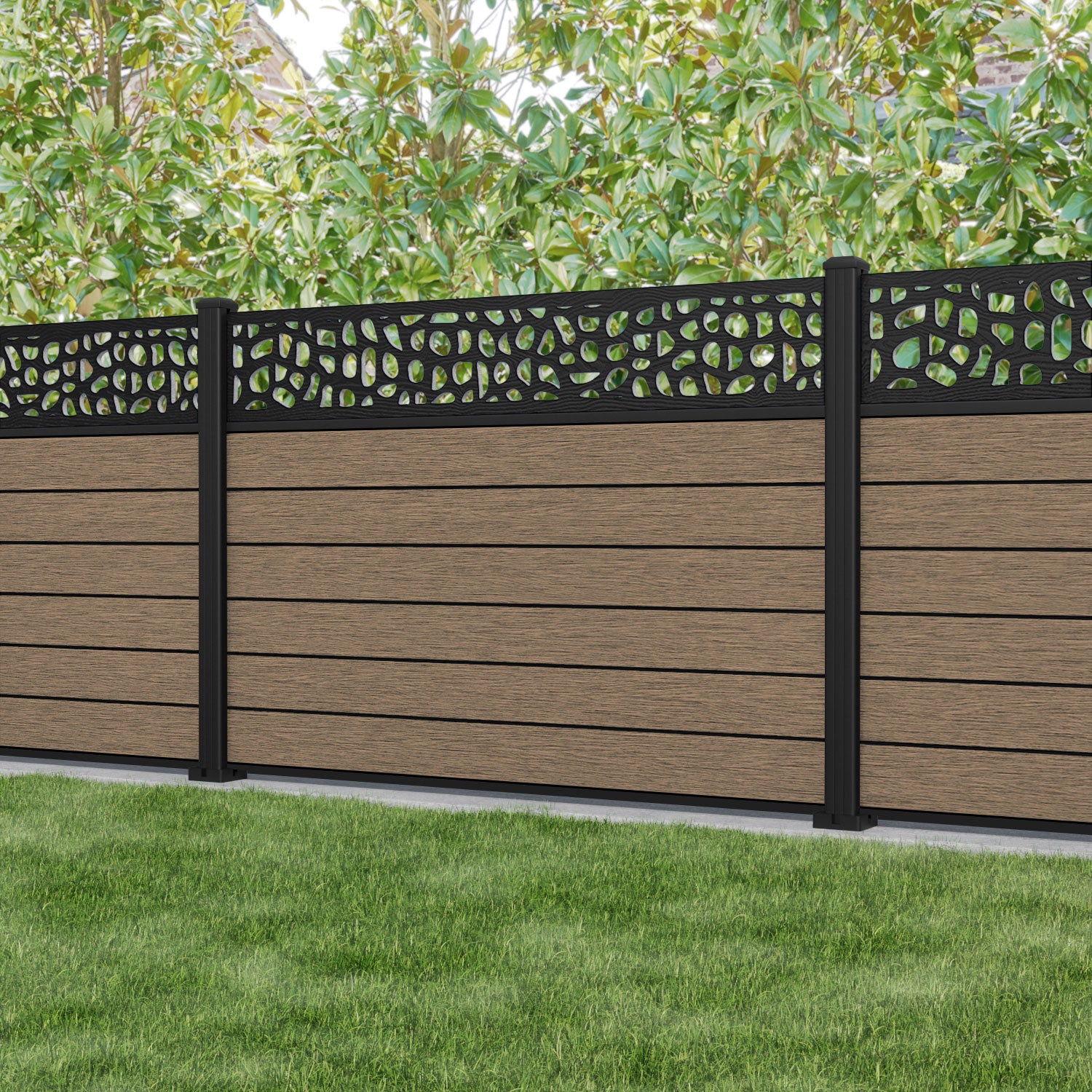 Fusion Pebble Fence Panel - Teak - with our aluminium posts