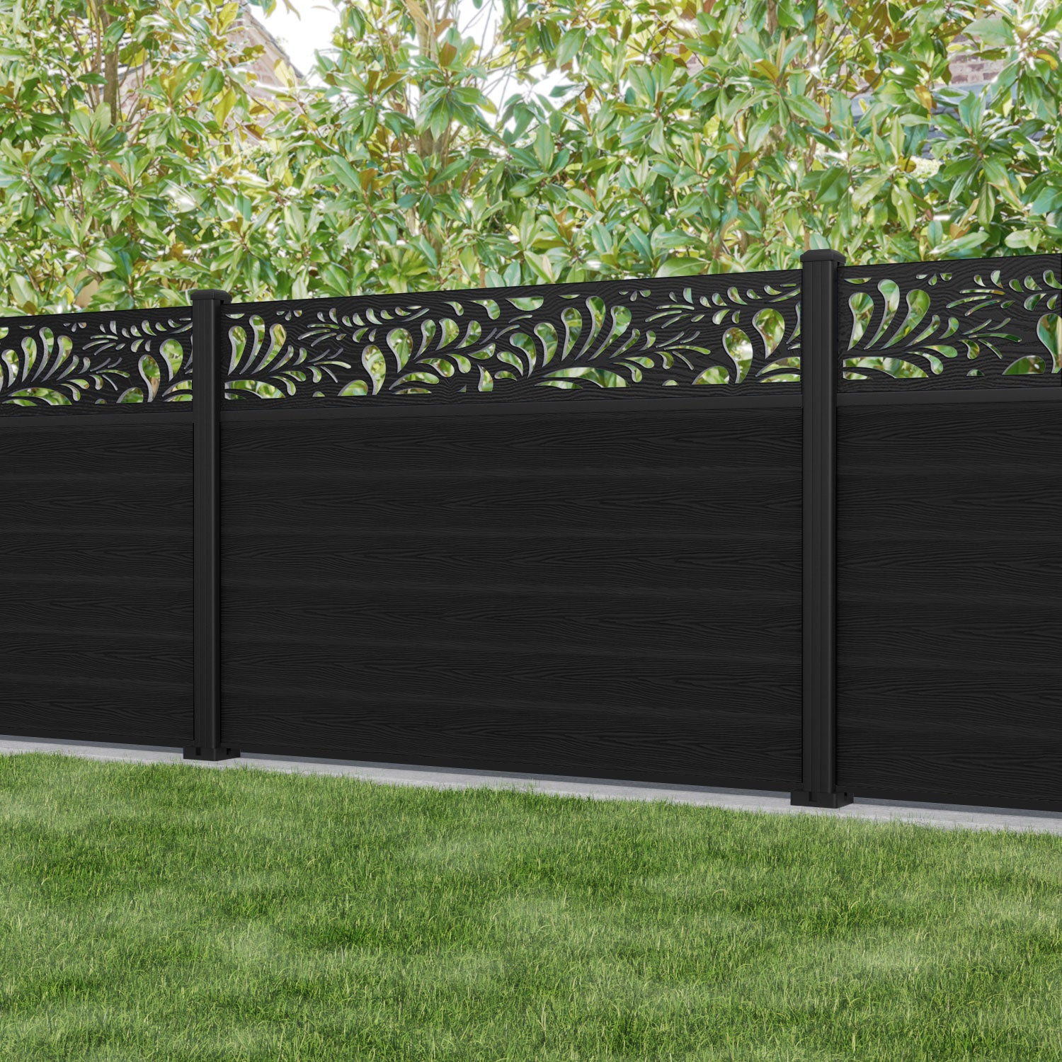 Classic Petal Fence Panel - Black - with our aluminium posts