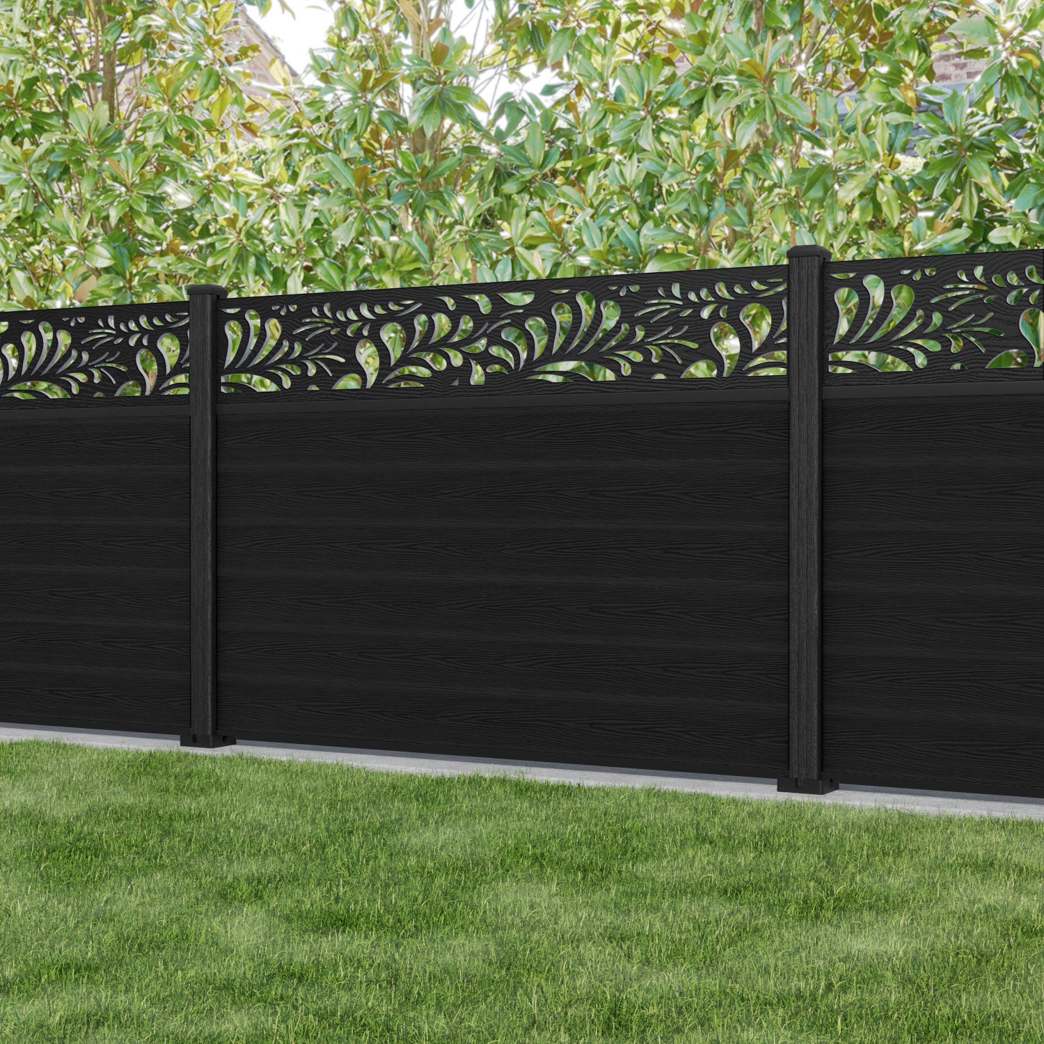 Classic Petal Fence Panel - Black - with our composite posts