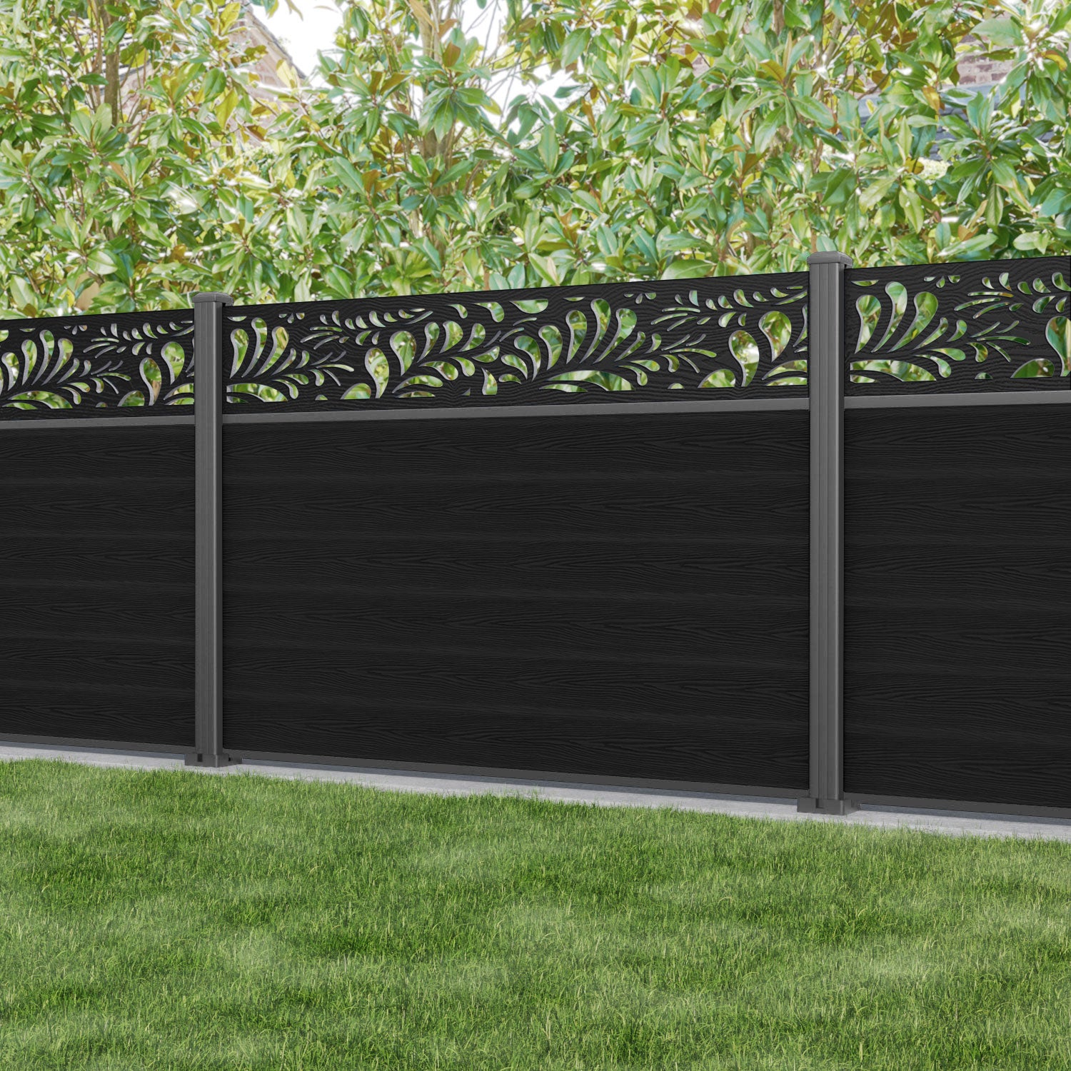 Classic Petal Fence Panel - Black - with our aluminium posts