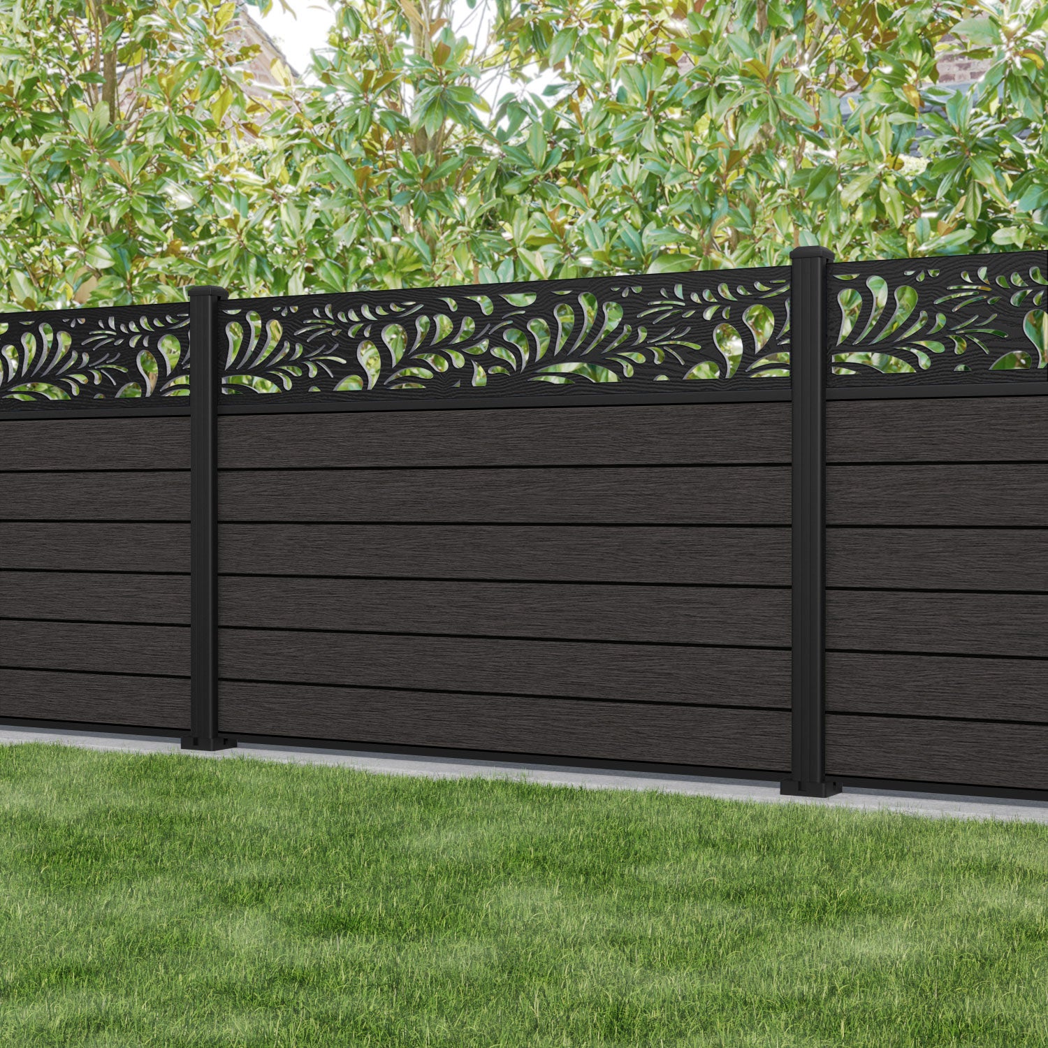 Fusion Petal Fence Panel - Dark Oak - with our aluminium posts