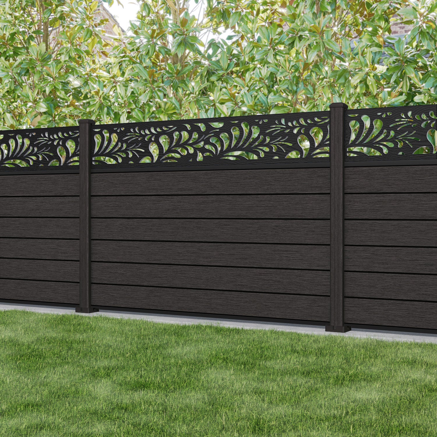 Fusion Petal Fence Panel - Dark Oak - with our composite posts