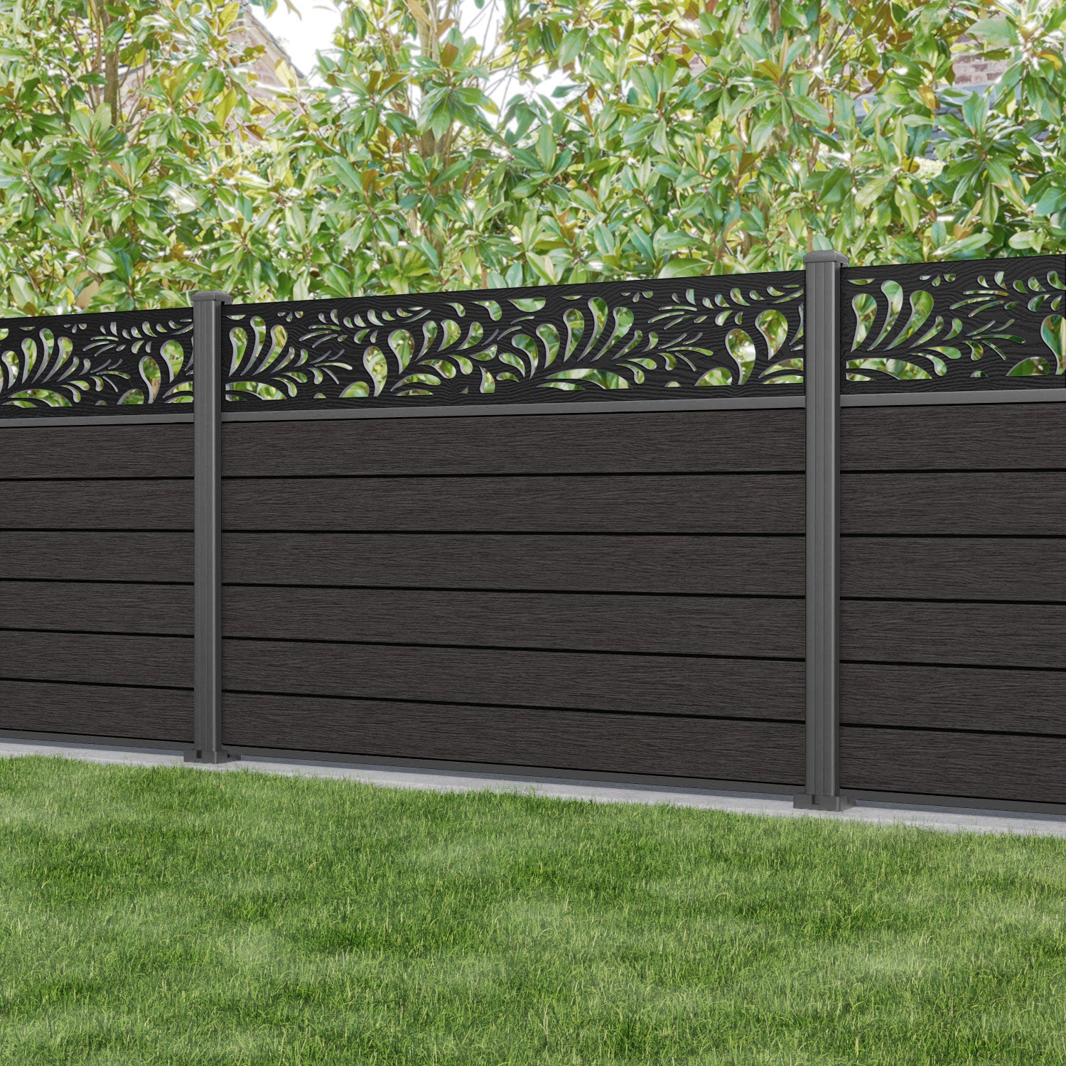 Fusion Petal Fence Panel - Dark Oak - with our aluminium posts