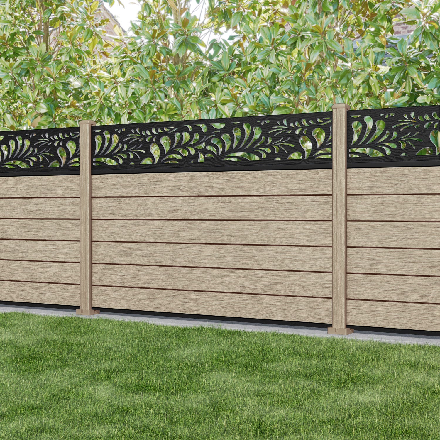 Fusion Petal Fence Panel - Light Oak - with our composite posts
