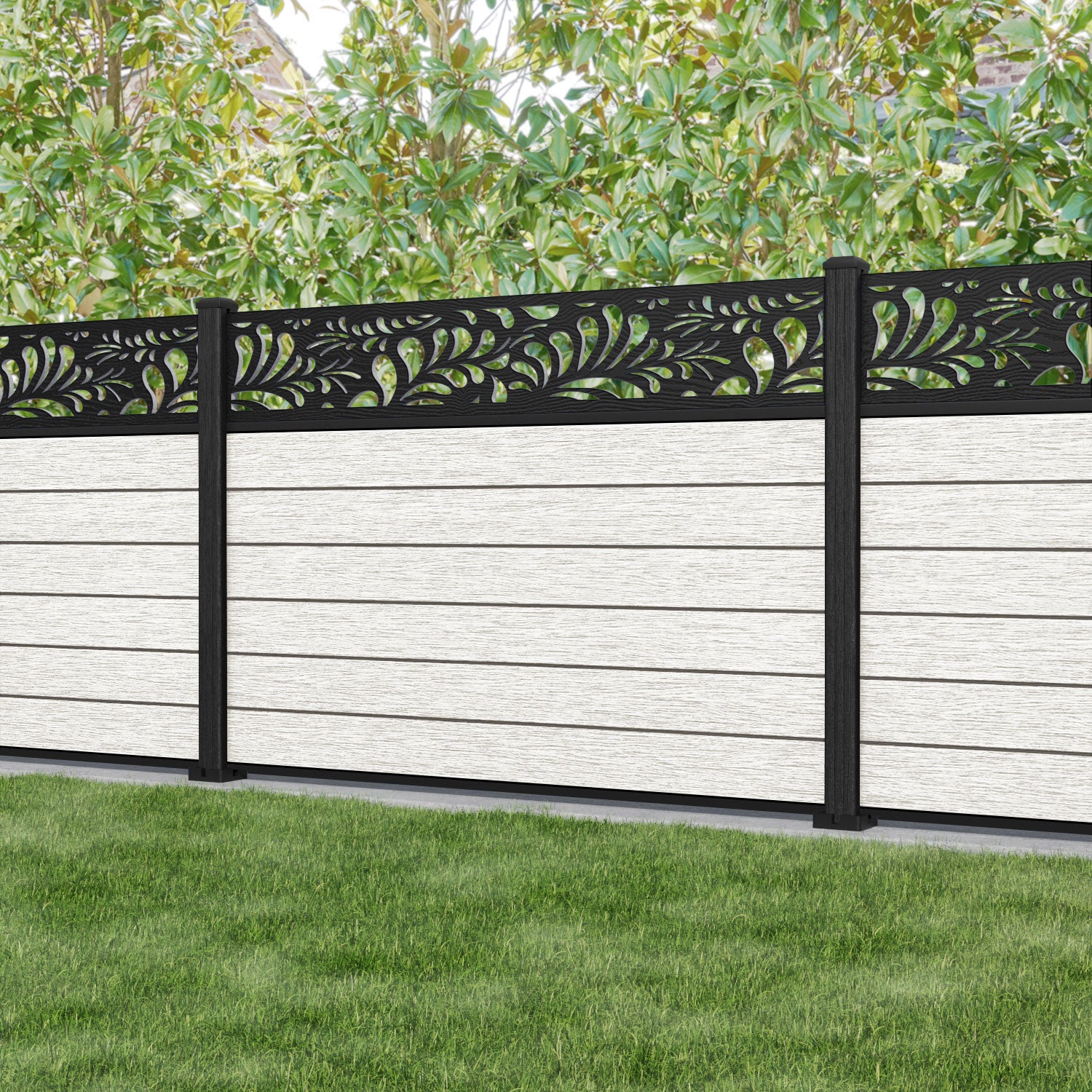 Fusion Petal Fence Panel - Light Stone - with our composite posts
