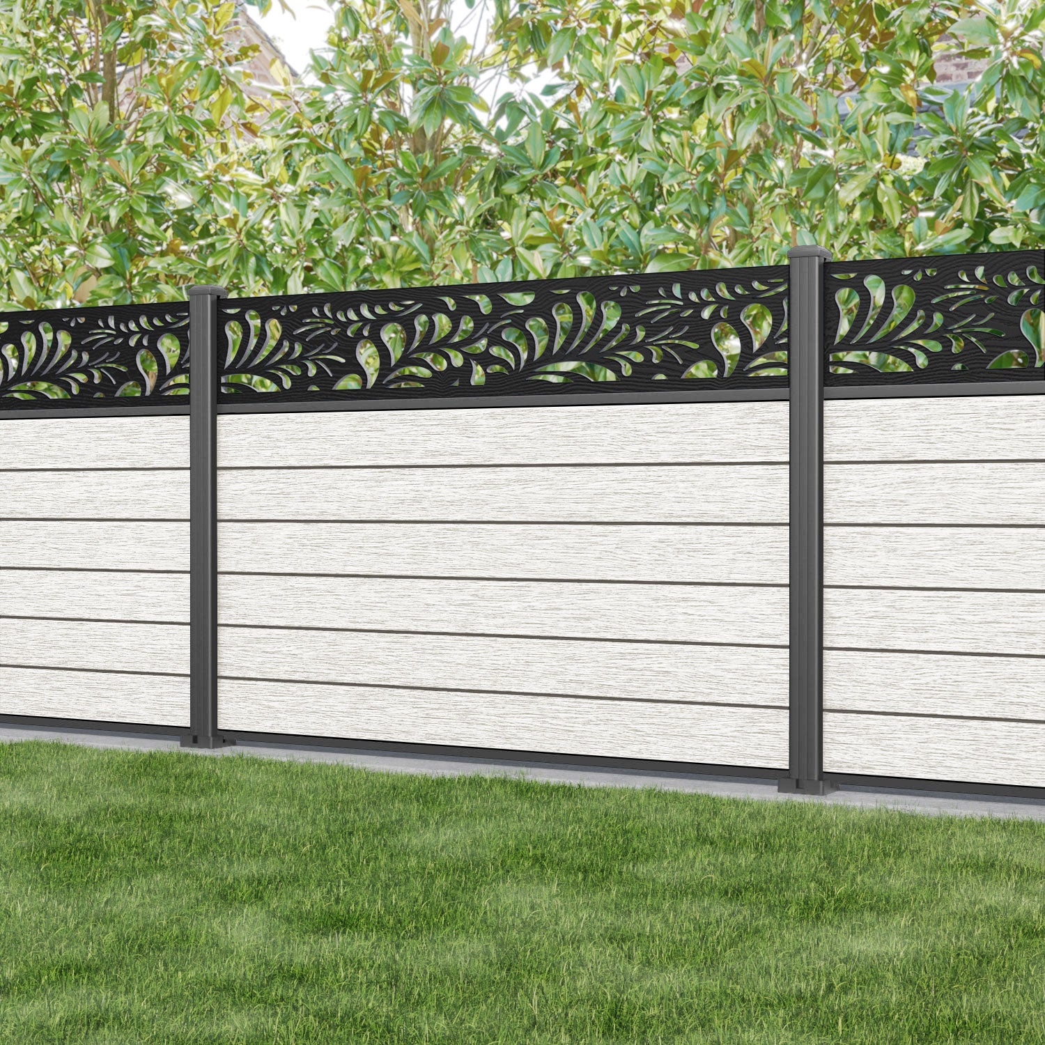 Fusion Petal Fence Panel - Light Stone - with our aluminium posts