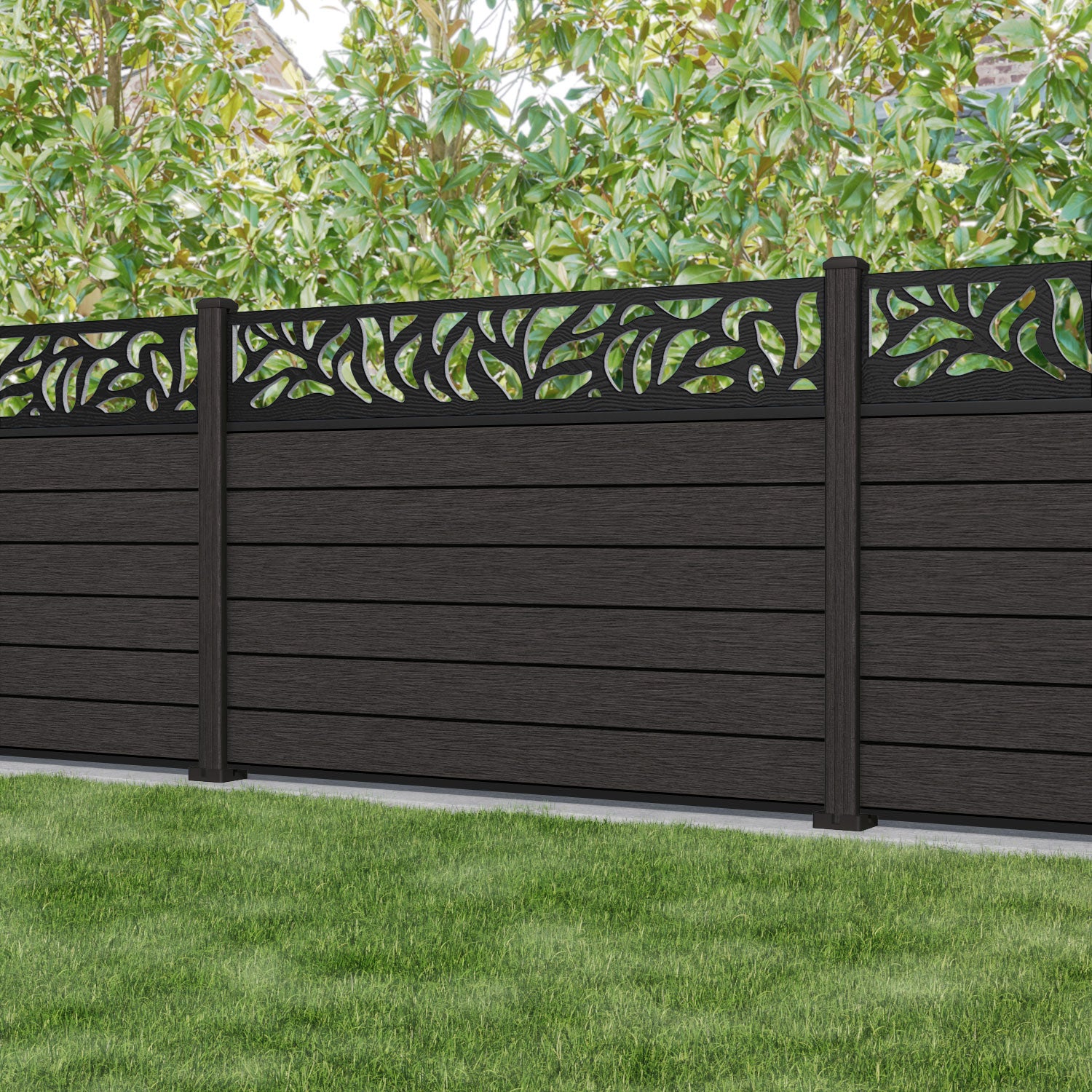 Fusion Plume Fence Panel - Dark Oak - with our composite posts
