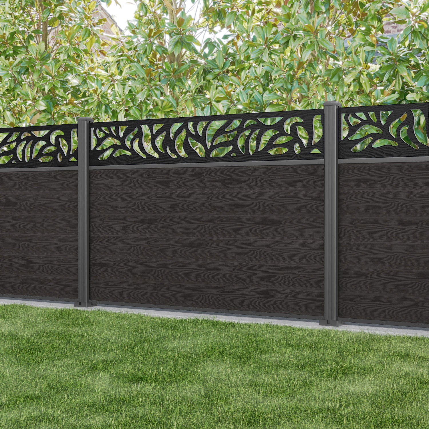 Classic Plume Fence Panel - Dark Oak - with our aluminium posts