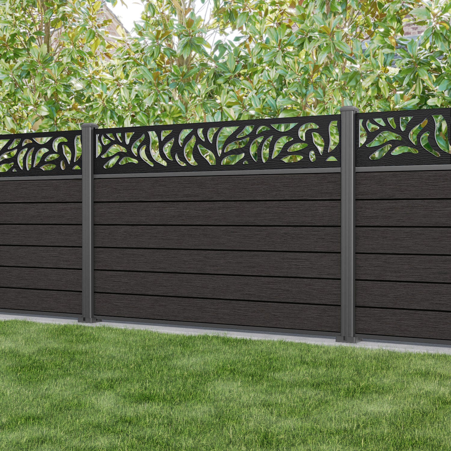 Fusion Plume Fence Panel - Dark Oak - with our aluminium posts