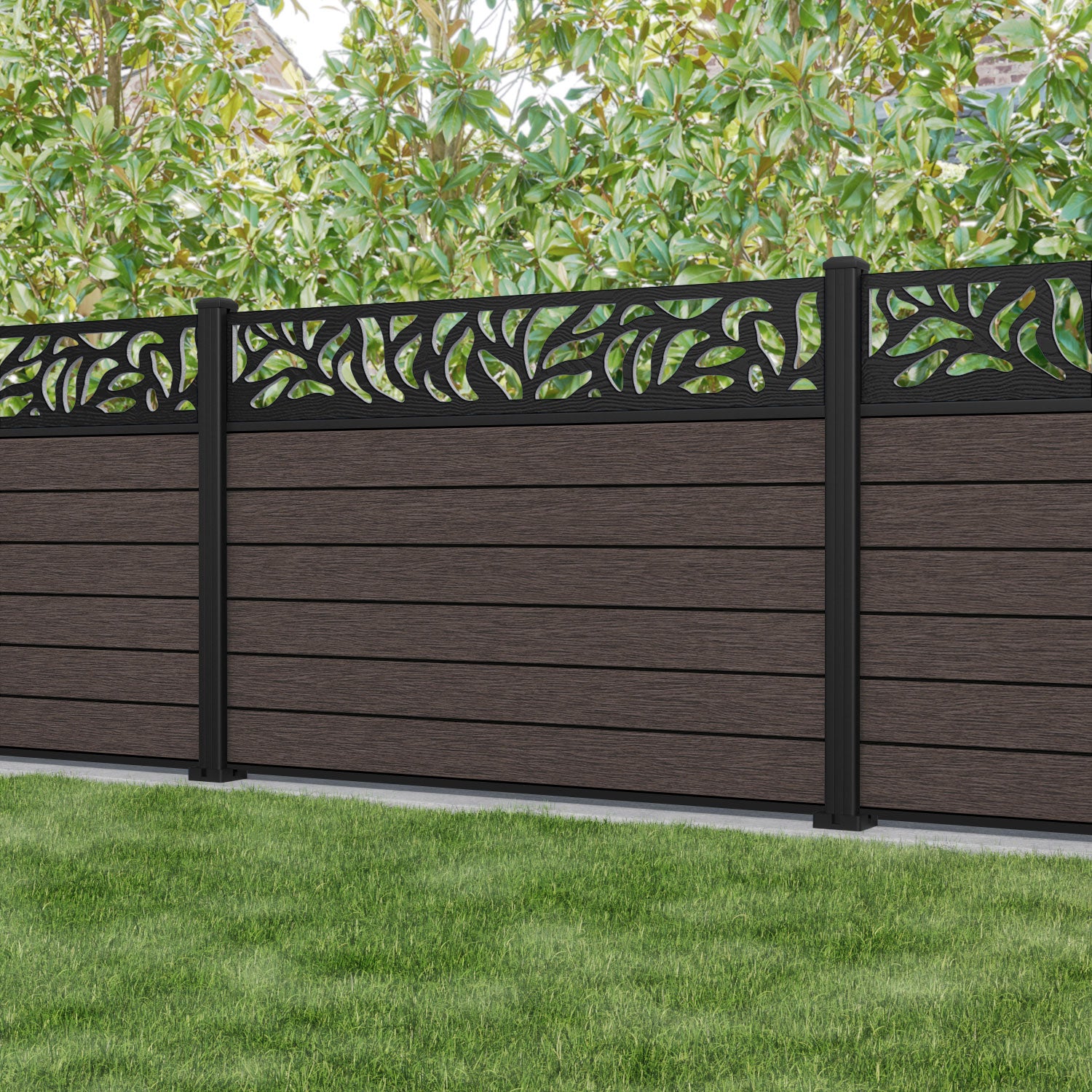 Fusion Plume Fence Panel - Mid Brown - with our aluminium posts