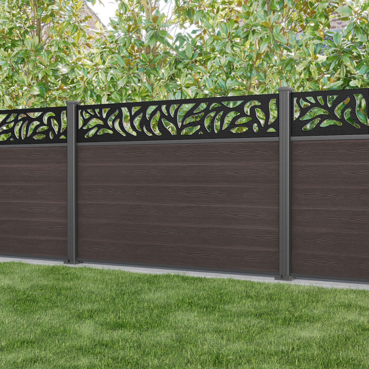Classic Plume Fence Panel - Mid Brown - with our aluminium posts