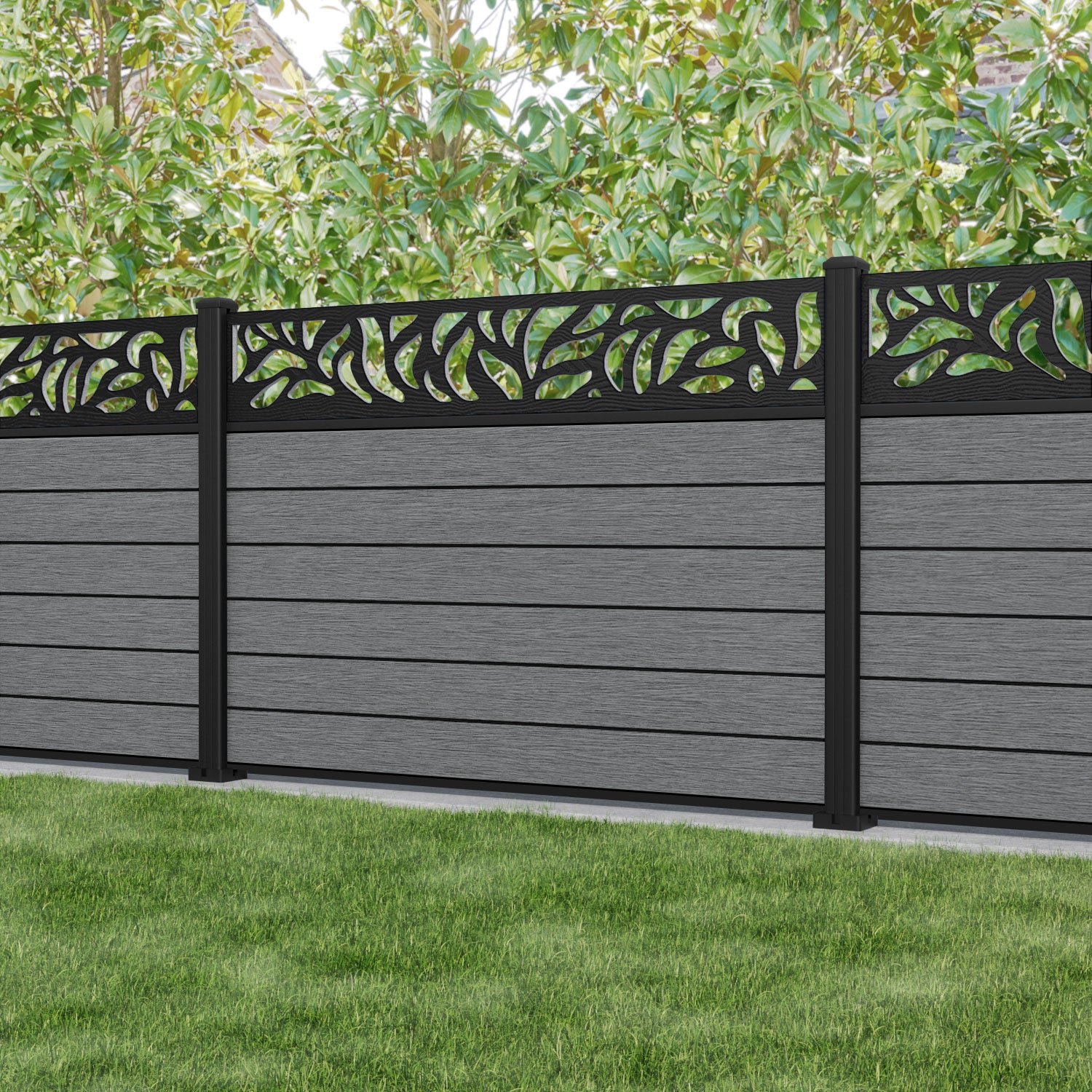 Fusion Plume Fence Panel - Mid Grey - with our aluminium posts