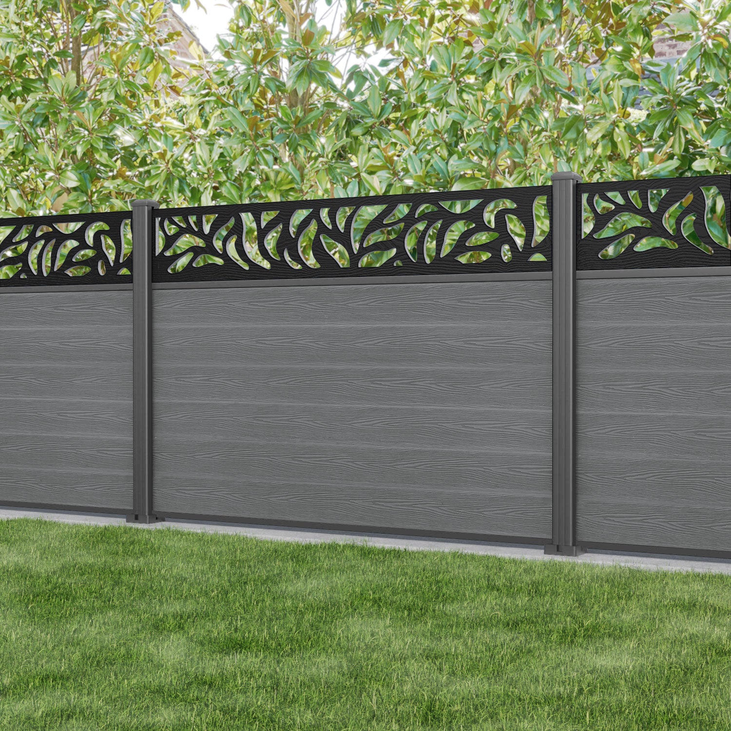 Classic Plume Fence Panel - Mid Grey - with our aluminium posts